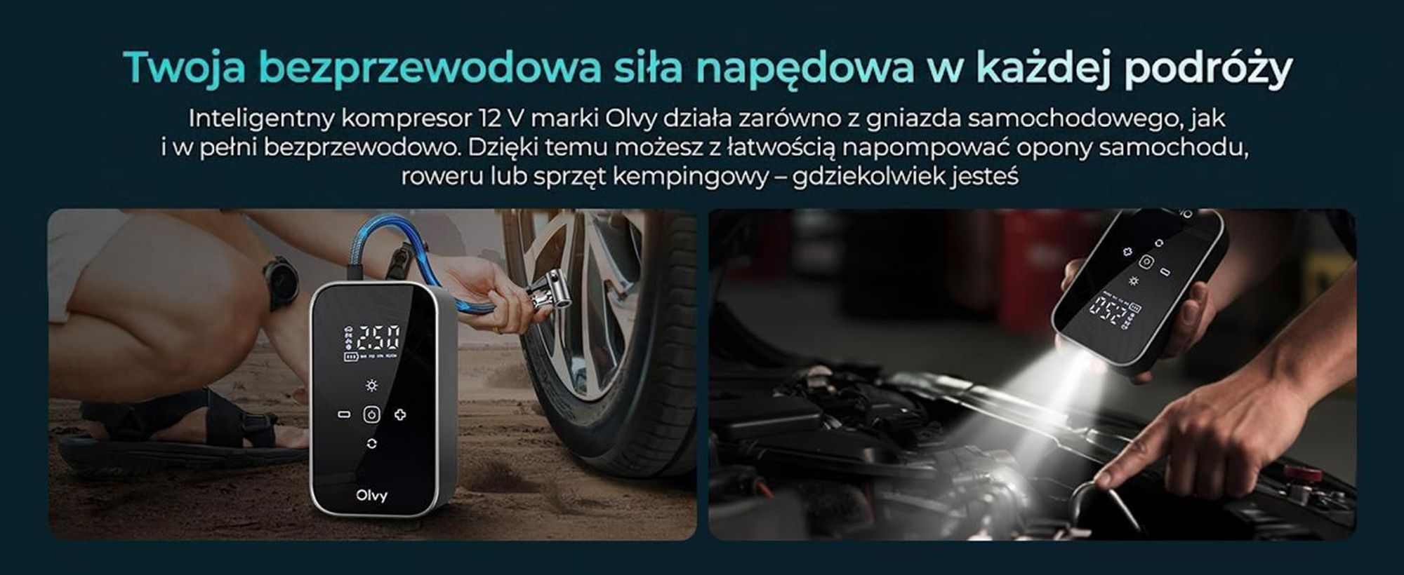Olvy Elektryczna pompka powietrza z power bankiem 6000 mAh - 12V mini kompresor do samochodu, roweru, piłek, materacy dmuchanych, wyświetlacz, LED, automatyczne wyłączanie