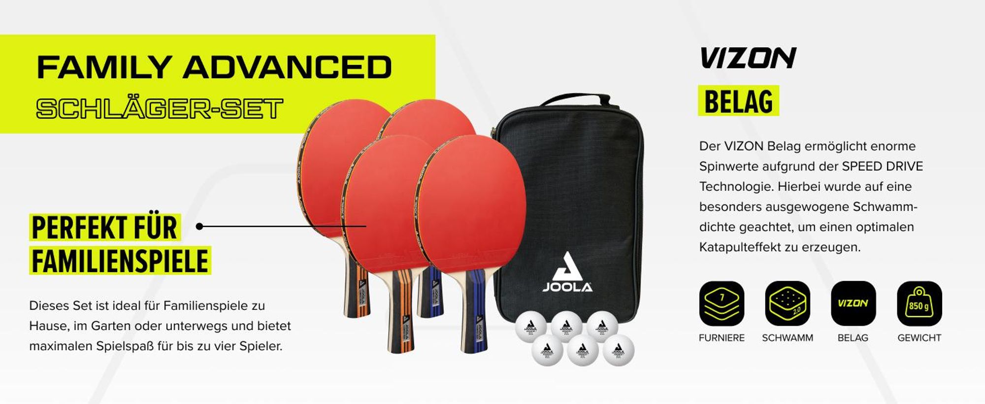 JOOLA Tischtennisset Family Advanced - 4 Tischtennisschläger + 6 Tischtennisbälle + Tischtennistasche