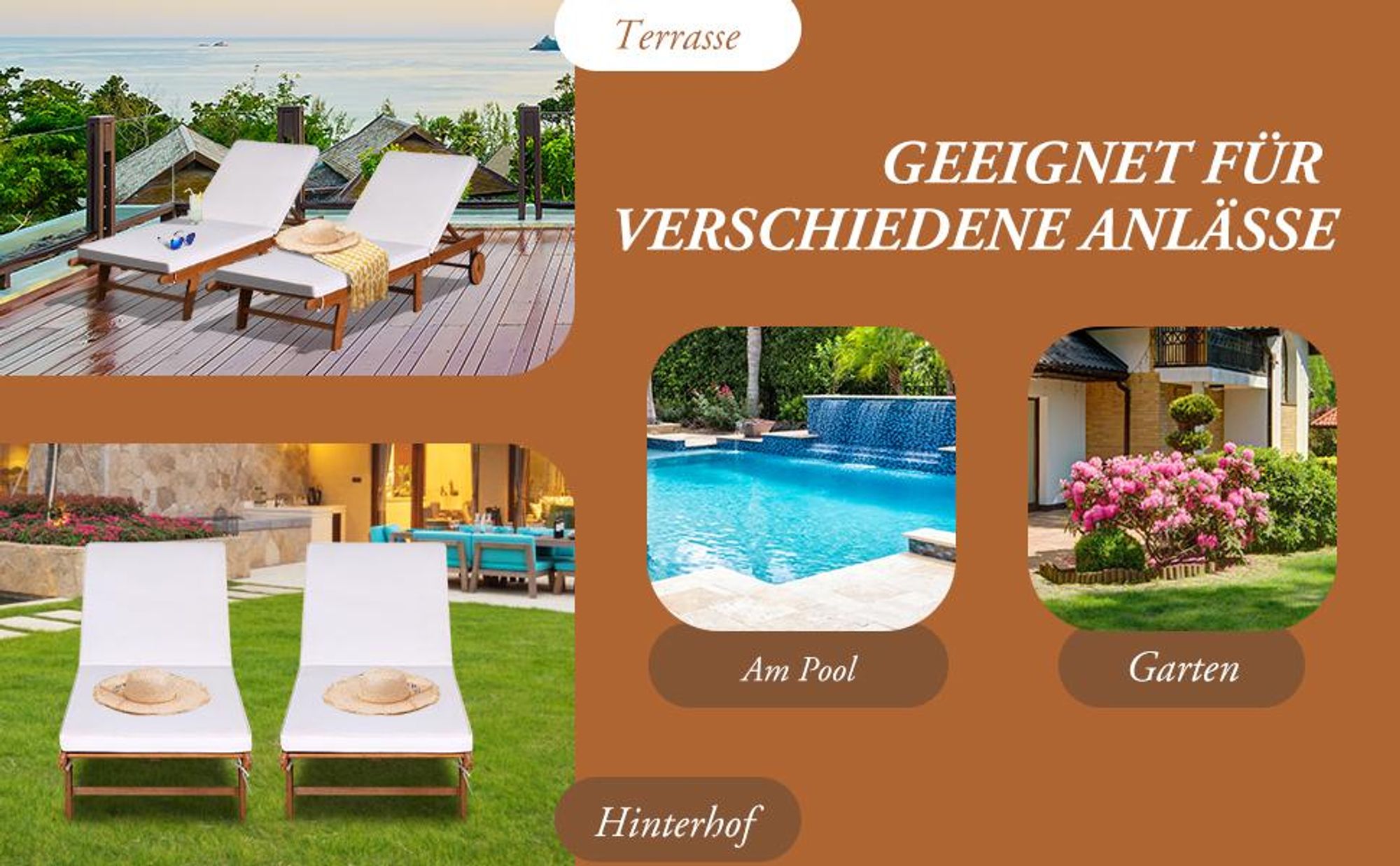 COSTWAY Sonnenliege mit Rollen & Auflage, Gartenliege mit Rückenlehne, Liegestuhl aus Holz, Balkonliege, Strandliege für Garten, Balkon & Terrasse