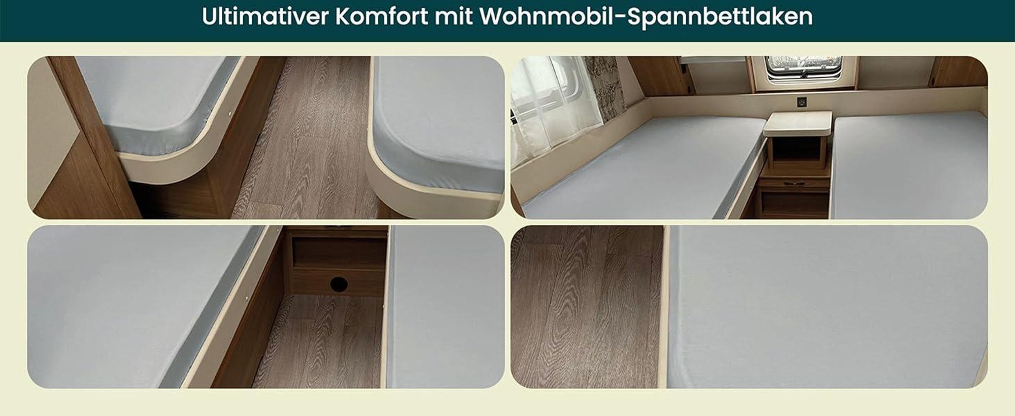 Praktische Fotos, die das Spannbettlaken auf einer Wohnmobilmatratze zeigen.