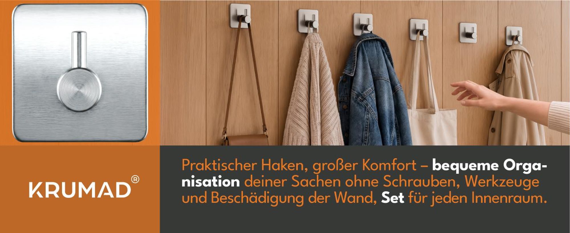 KRUMAD 6x Selbstklebende Haken Silber, Wandhaken ohne Bohren, Klebehaken für Bad Küche Flur Handtücher Kleidung