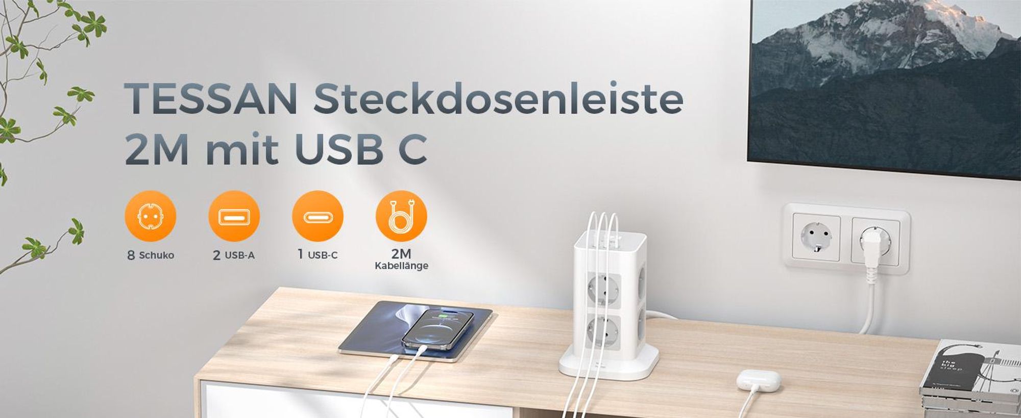 TESSAN 8 Fach Steckdosenleiste Überspannungsschutz mit 2 USB und 1 USB C