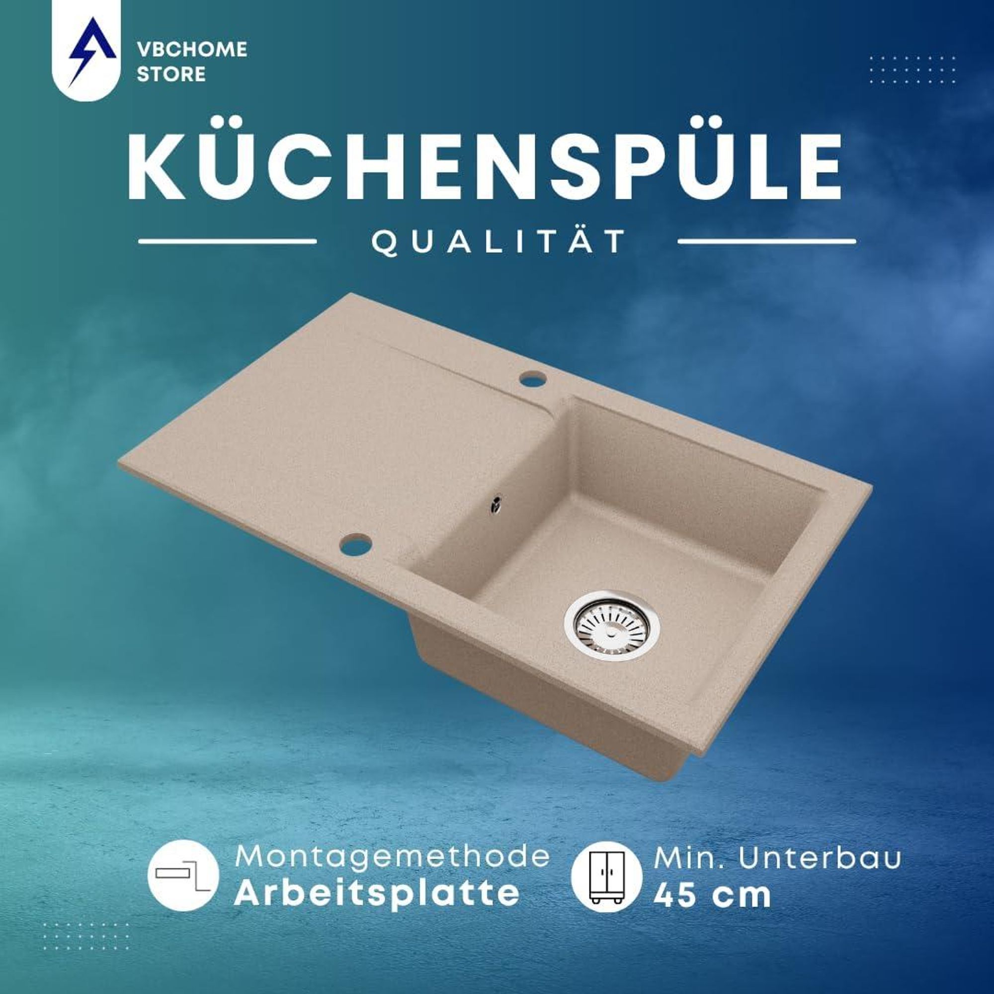 VBChome Granitspüle 76 x 44 cm Beige mit flexibler Armatur Einzelbecken Einbauspüle Reversibel Gesprenkelt Pflegeleichtes Spülbecken mit Siphon