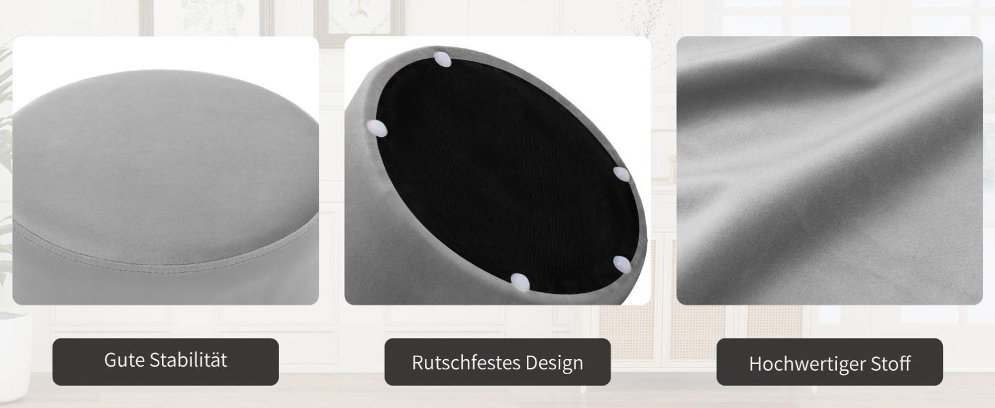 Duhome Samt Sitzhocker Gepolsterter Ottoman Rund Polsterhocker für Schlafzimmer Wohnzimmer Hauseingang Flur, Grau