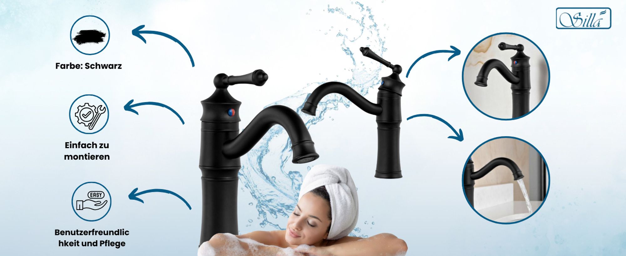 Silla, Schwarz, Armatur, Bad, Spültischarmatur, Wasserhahn Bad, Wasserhahn, Messing