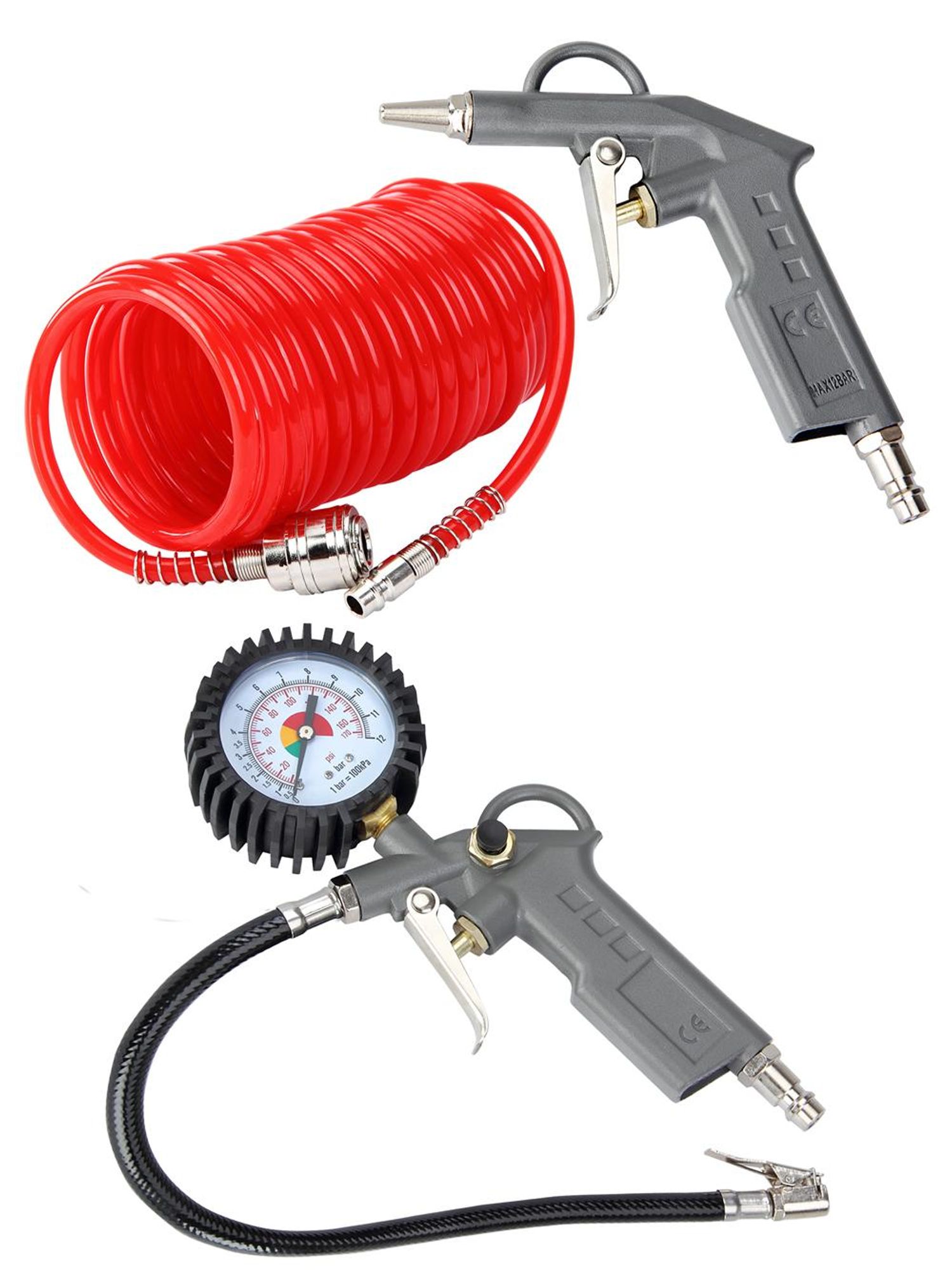 DEUBA® Druckluft Set 3tlg. 12 bar Für Gängige Kompressoren 5m Schlauch Schnellkupplung Manometer Ausblaspistole Reifenfüller Luftdruckprüfer Werkzeug