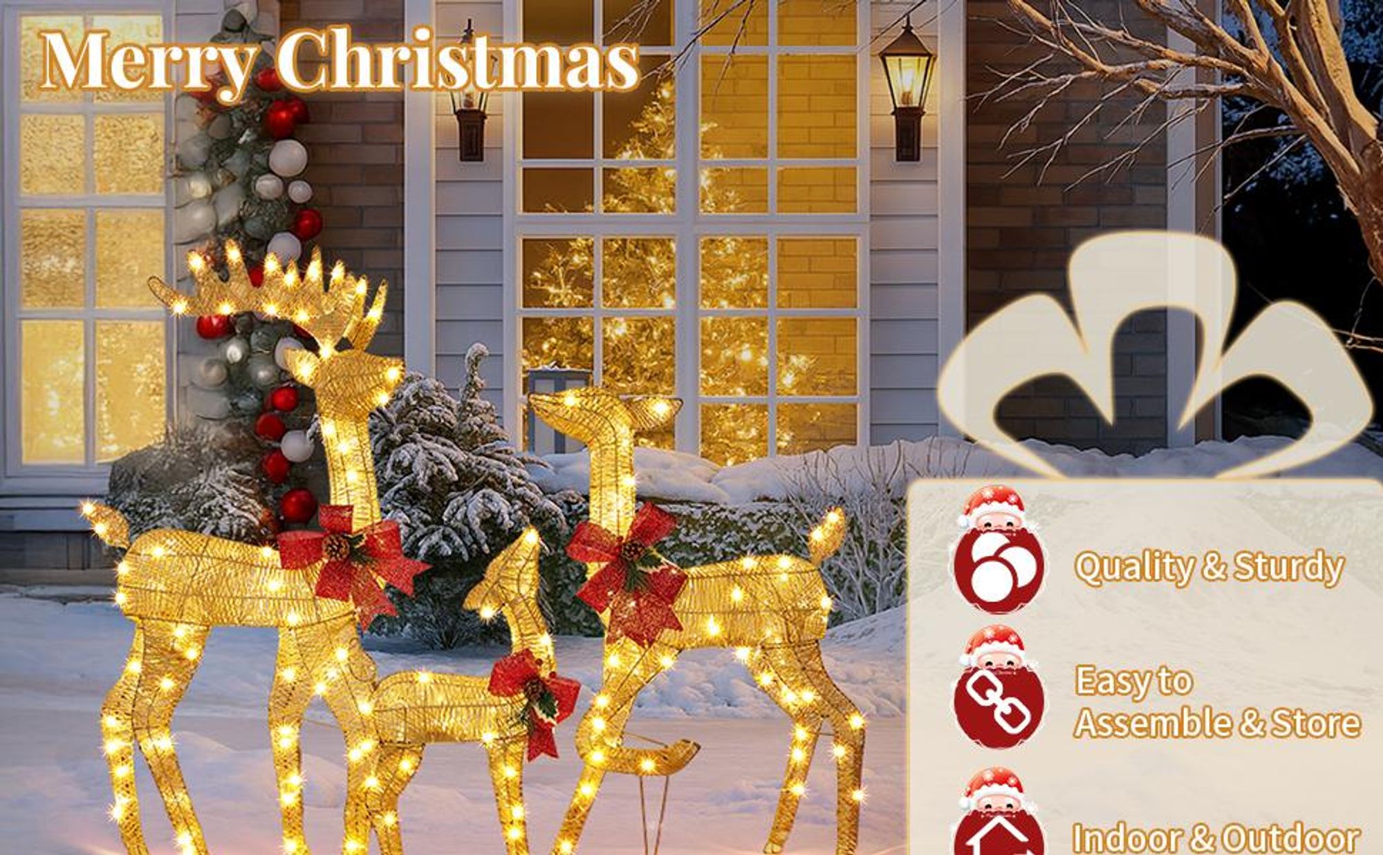LEADZM 3-teiliges Weihnachtsbeleuchtung Rentier Goldenes, mit 270 LEDs, Weihnachten Deko für Außen und Innen, 65cm/88cm/120cm