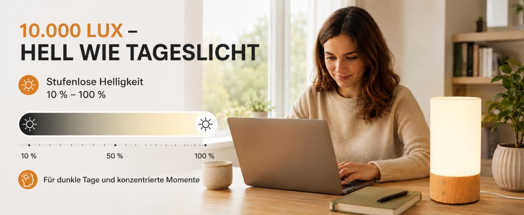 10.000 Lux Lichttherapielampe mit Fernbedienung, UV-frei, Vollspektrum-Tageslichtlampe mit Timer, 3 Farbtemperaturen, stufenlos dimmbar, Holzsockel