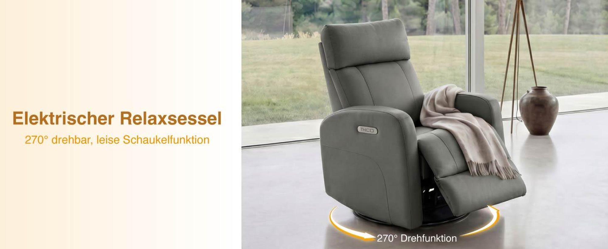 CHITA Elektrischer Relaxsessel, Echtleder, 270° drehbar, Fernsehsessel mit Liegefunktion, elektrisch verstellbar, USB-Anschluss