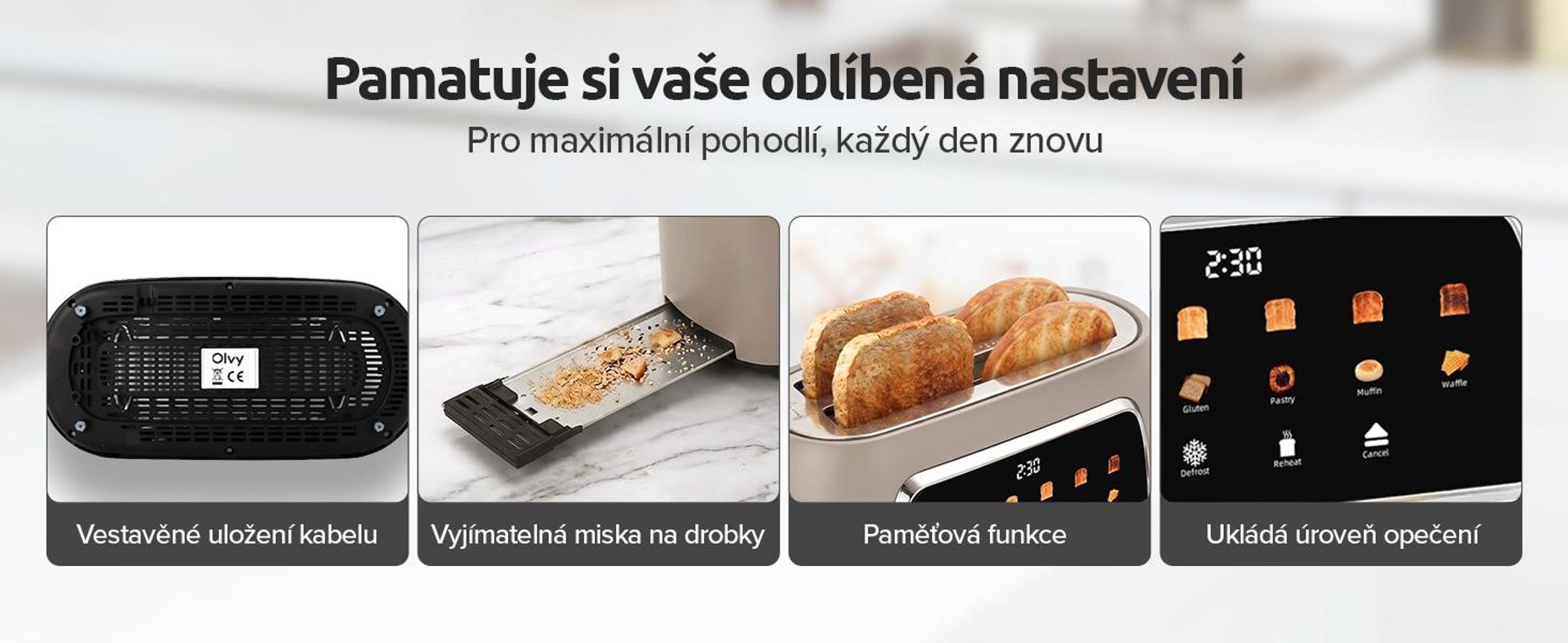 Toustovač Olvy na 4 krajíce, dlouhé otvory, digitální displej s časovačem, 6 stupňů opékání, široké otvory, funkce rozmrazování a ohřívání, 1500 W, černý