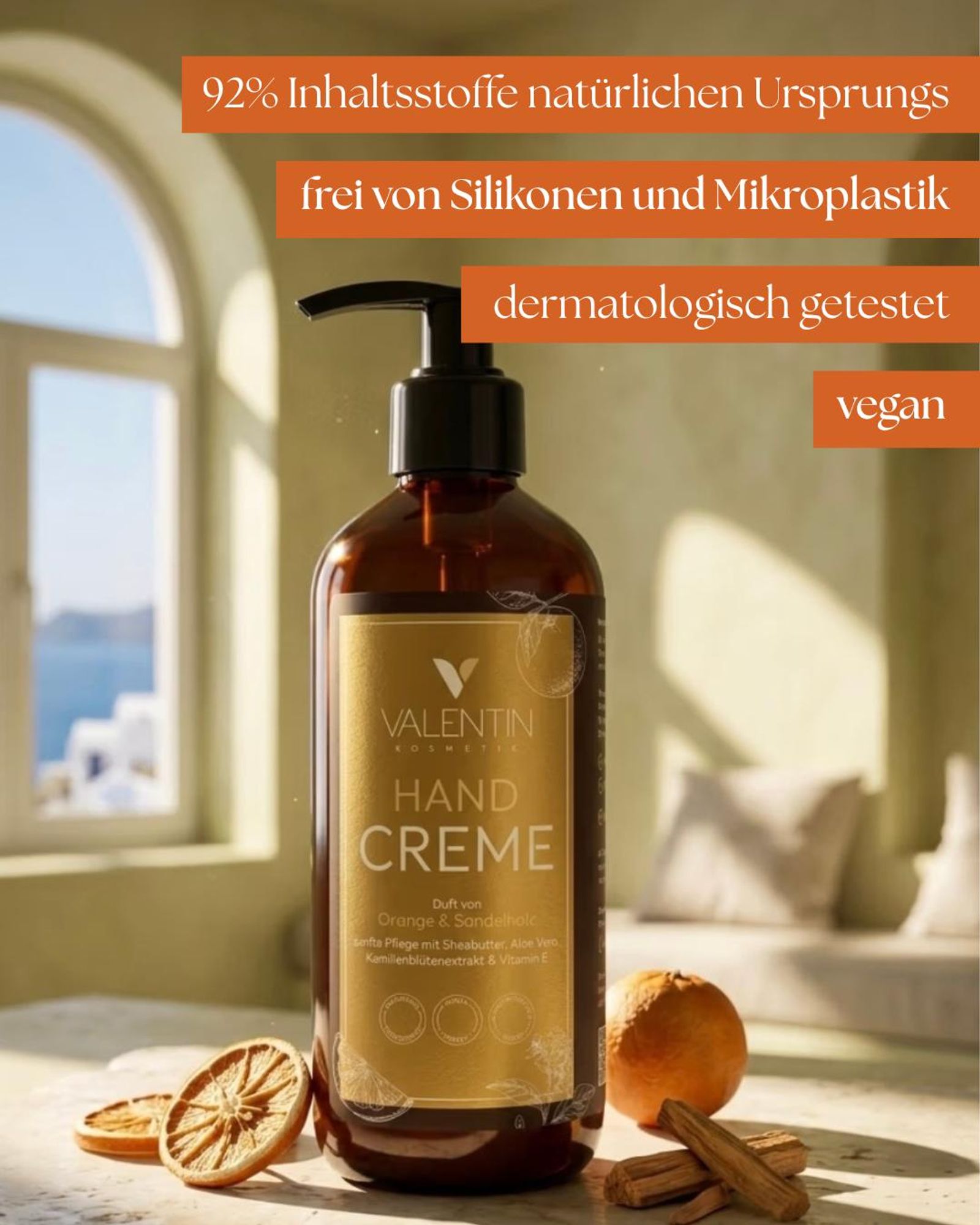 VALENTIN Kosmetik Handcreme Orange & Sandelholz mit Sheabutter, Aloe Vera, Kamillenblütenextrakt & Vitamin E 300ml