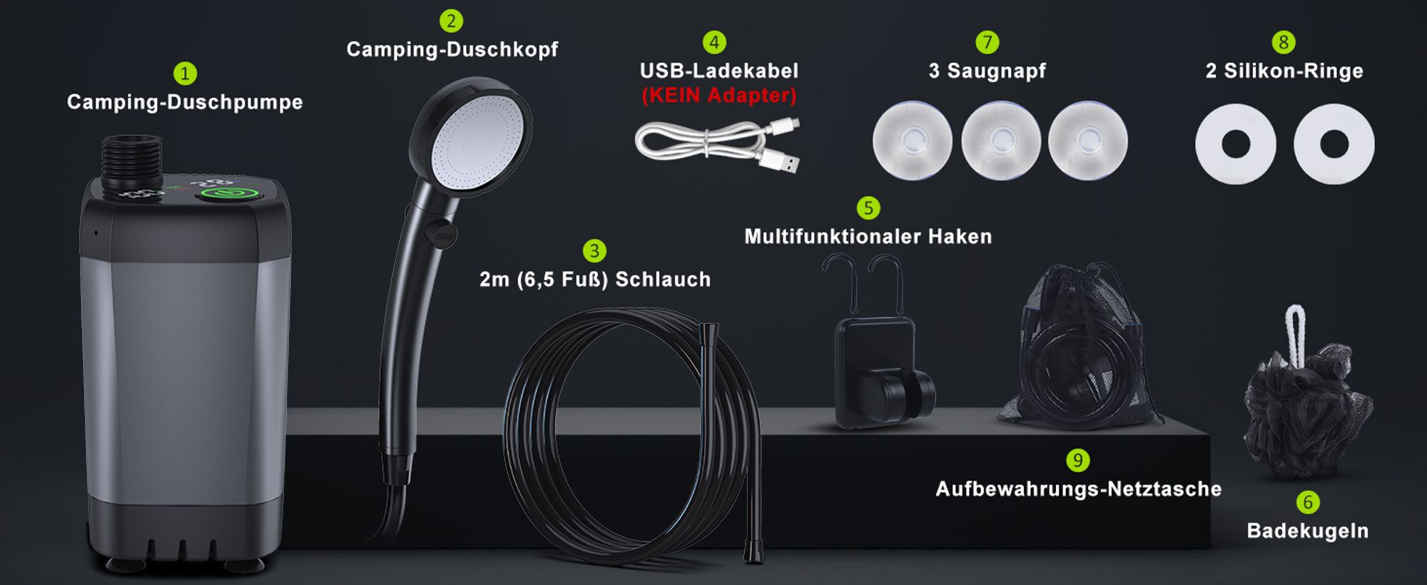 Tragbare Campingdusche,[6000 mAh] ,Pump- und Temperaturanzeige,mit Duschkopf und 2 m Schlauch für Garten, Waschen des Autos, Strand, Camping, Haustier