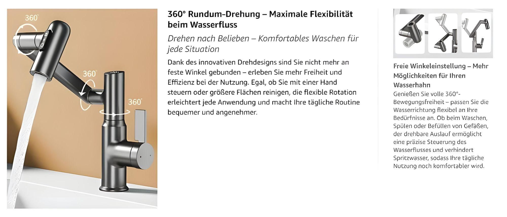Wasserhahn Bad, mit 3 Strahlarten, LED - Temperaturanzeige ohne Batterie, 360° drehbar, Edelstahl, Keramikventil, tropfenfrei, für Bad & Küche