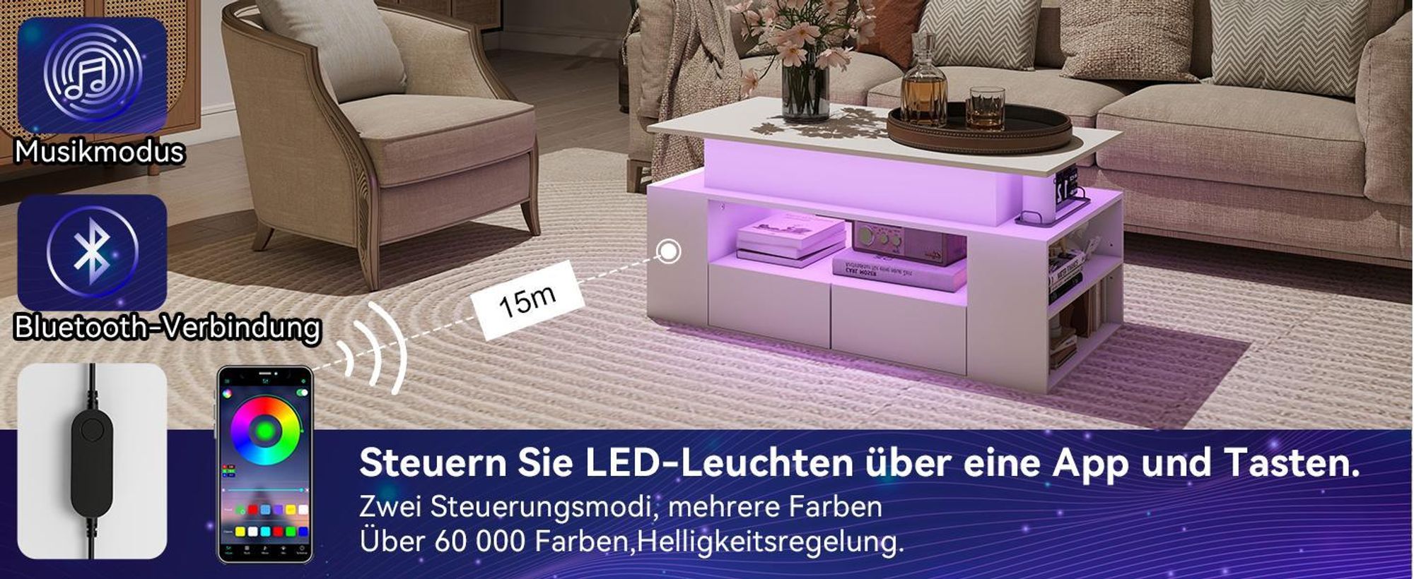 Puluomis Couchtisch mit Schublade, Abhebbarer Tischplatte, RGB Lichtleiste mit App Steuerung Kaffeetisch Schreibtisch Sofatisch für Wohnzimmer weiß