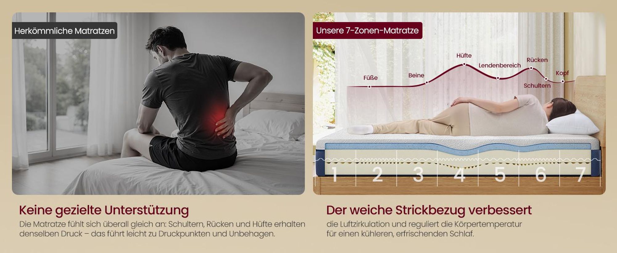Kaltschaummatratze Gel-Memory-Schaumstoff , mittelfest, H3, 7-Zonen-Unterstützung, atmungsaktiv, Abneh