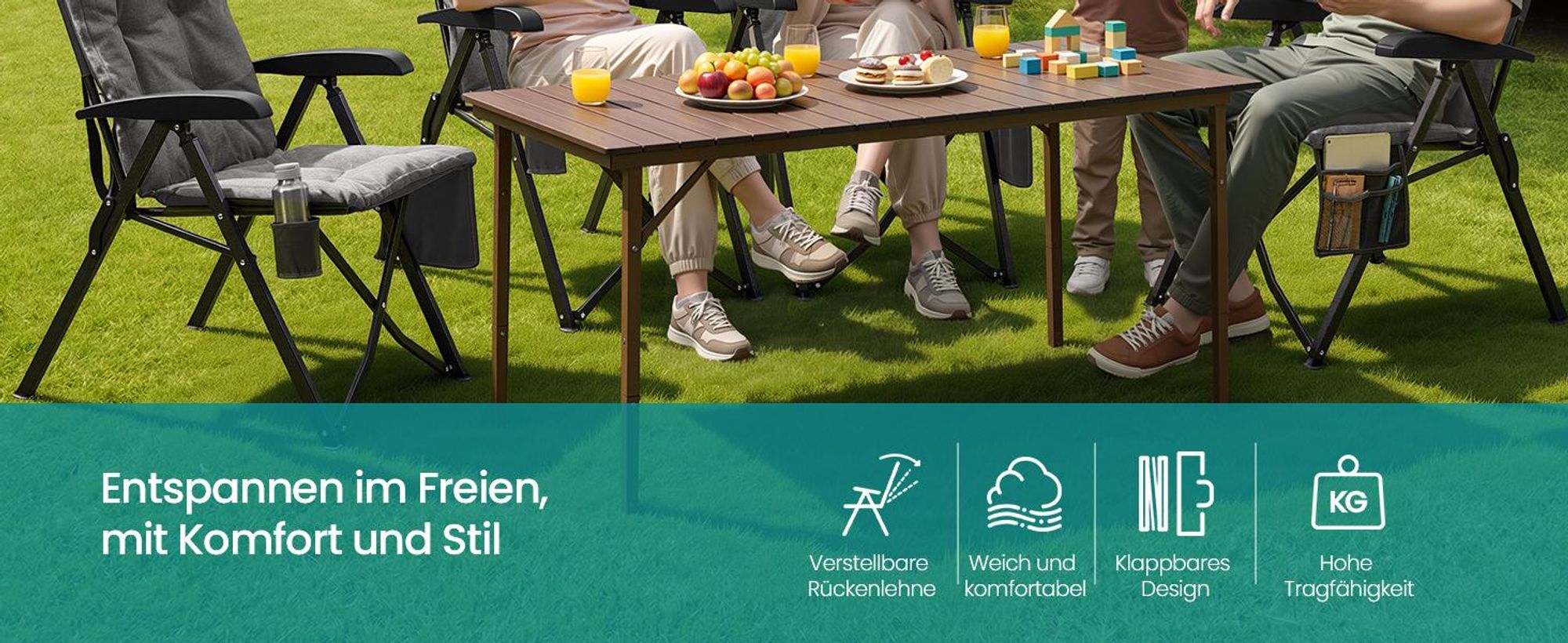 SONGMICS Campingstuhl, verstellbare Rückenlehne 95°-150°,  6 cm Polsterung, Tragetasche, Angeln, Garten, Camping, grau