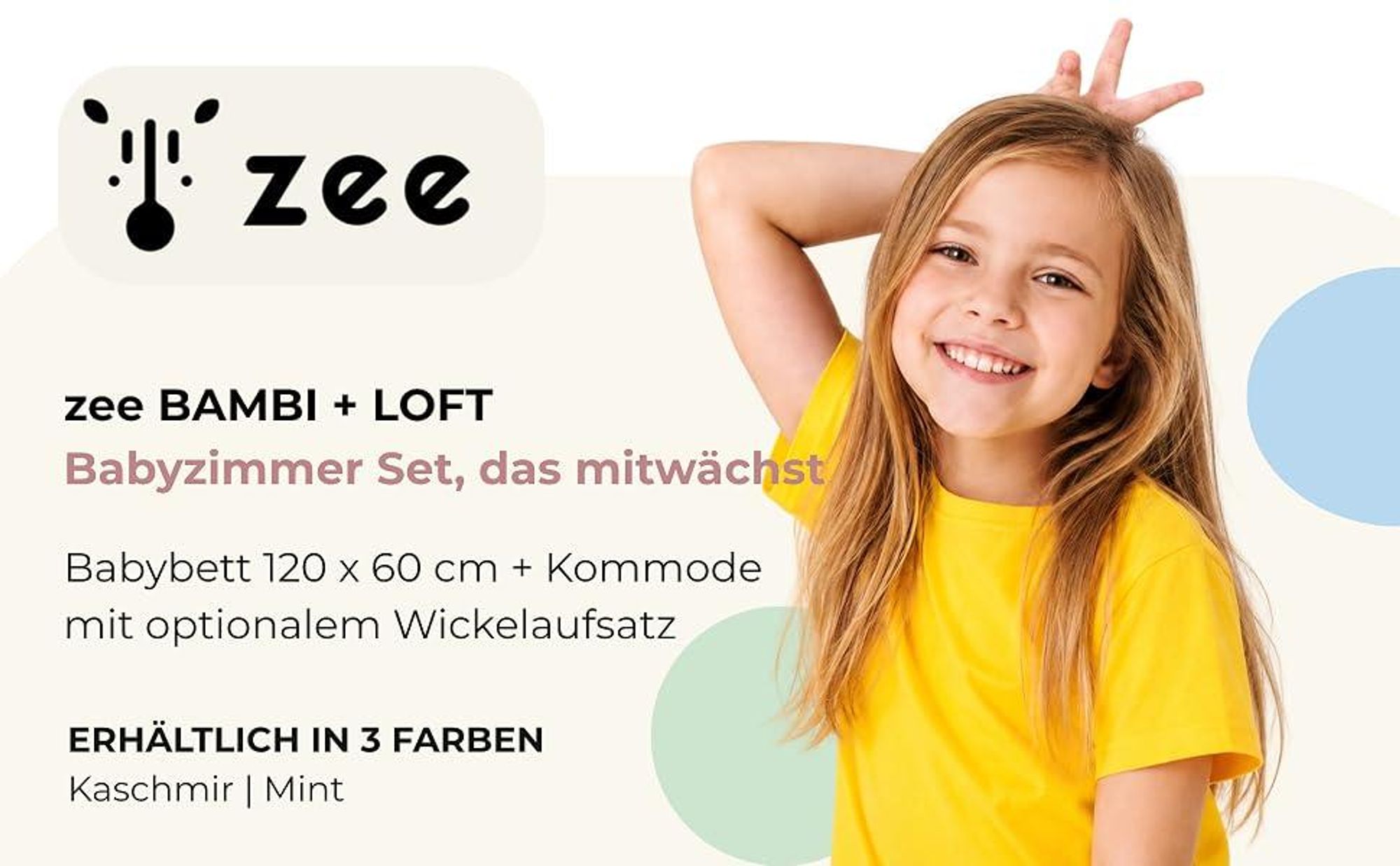 ZEE BAMBI Mint Babybett Set 120x60 cm mit Barriere + Wickelkommode LOFT mit Wickeltisch Höhenverstellbar Kinderbett mit Beißschutz