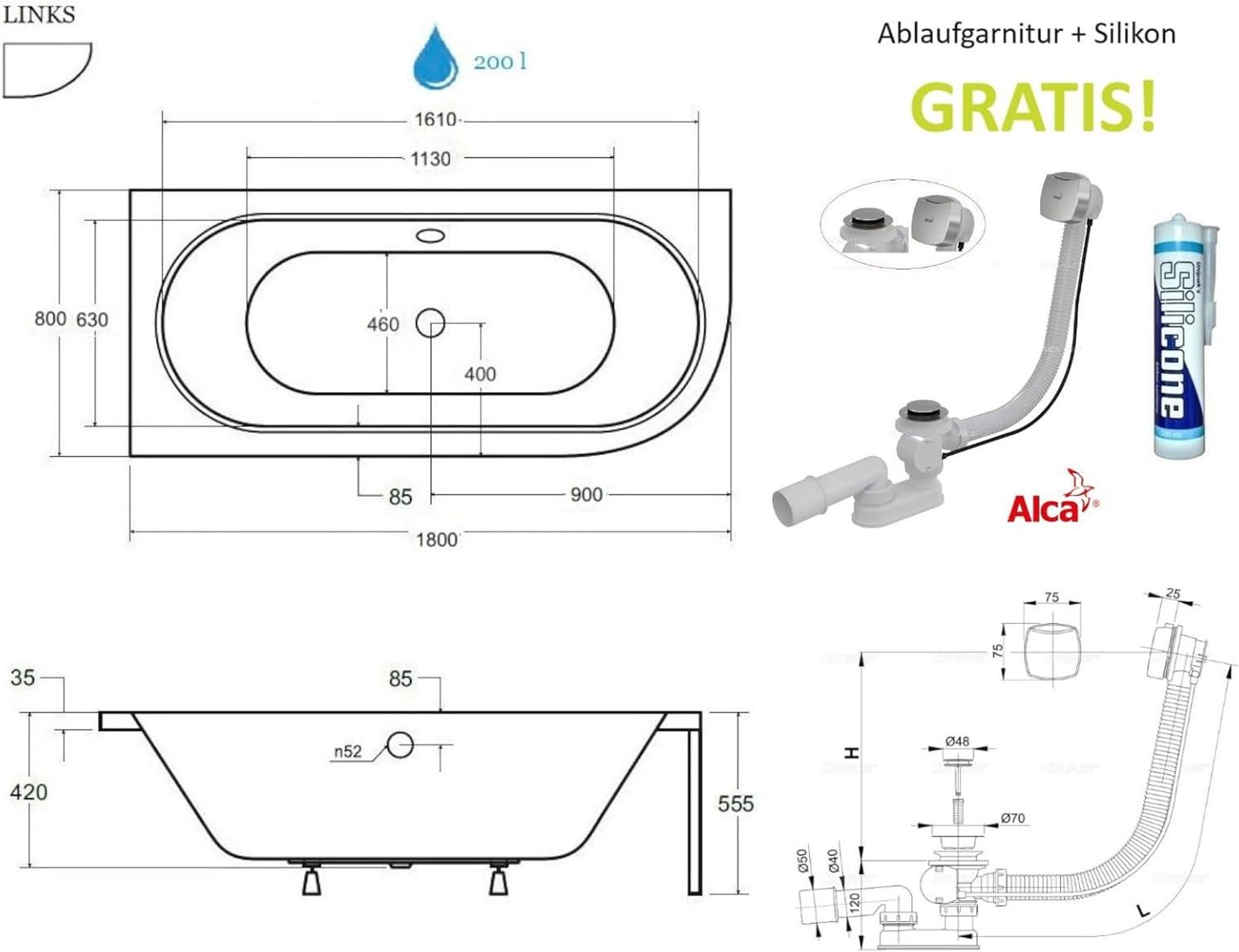 ECOLAM Badewanne 180x80 LINKS Avita Eckbadewanne mit Schürze | Acrylwanne Mittelablauf für ZWEI + Schürze Füße Silikon Ablaufgarnitur Komplettset