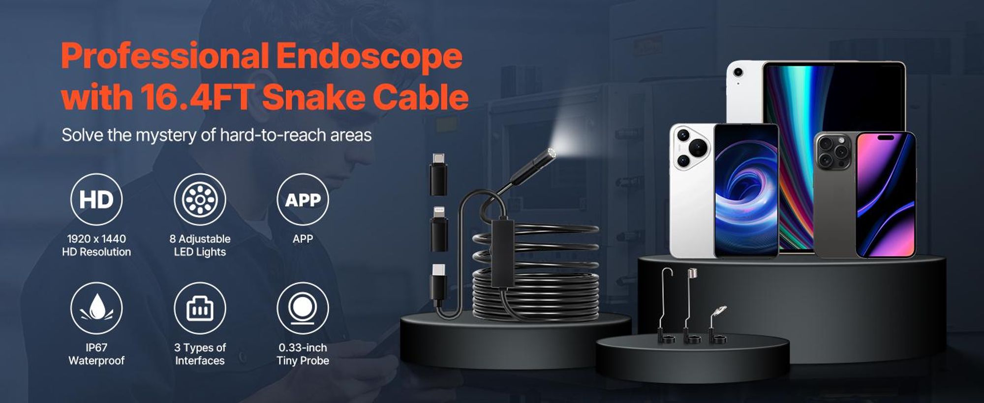 VEVOR Endoskopkamera mit Licht, Dual-Linsen-Boreskop für Android & IOS, 1920P HD Inspektionskamera mit 8 + 1 LED-Licht, 2X Zoom, 5m Schlangenkabel, IP67 wasserdichte Schlangenkamera für Auto, Sanitär, 5 m-a, Einzelobjektiv-b