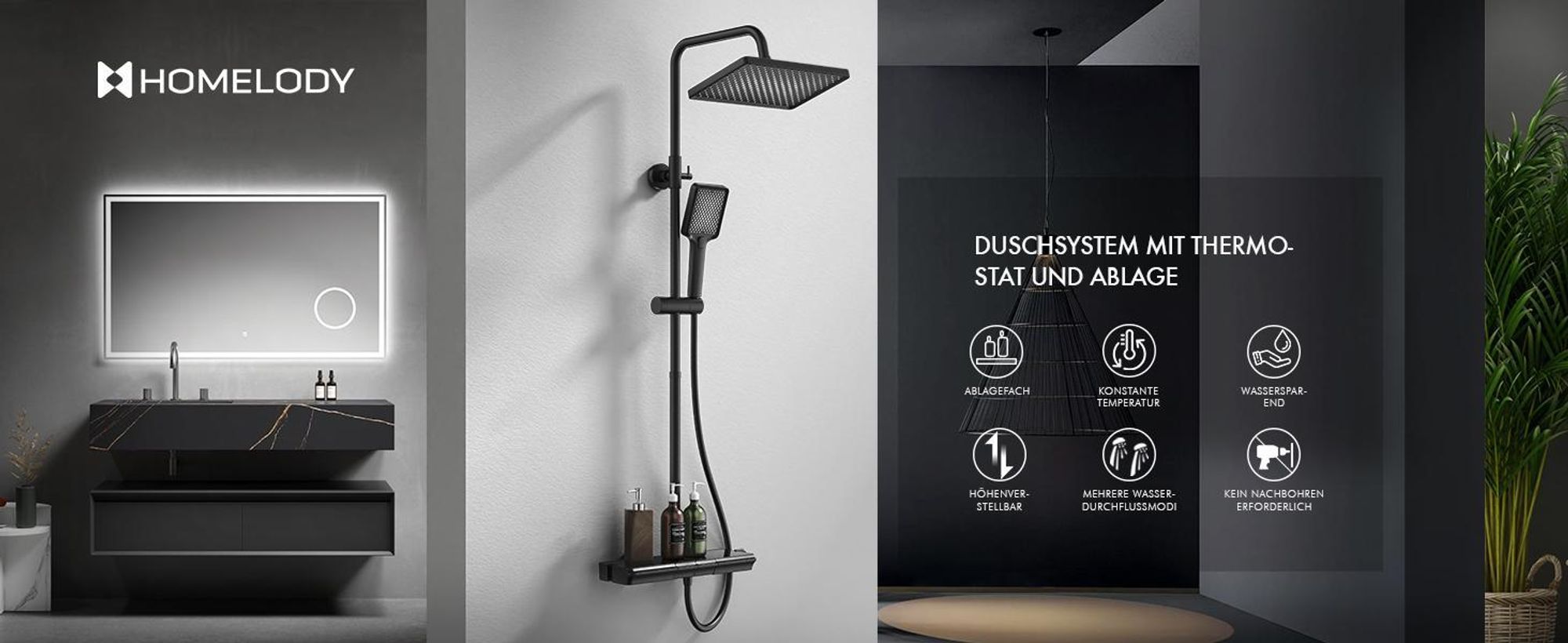 HOMELODY Duschsystem mit Thermostat und Glasablage Schwarz, 30x20cm Groß Kopfbrause, 3 Strahlarten Handbrause, Klavierknöpfen Duscharmatur Komplettset