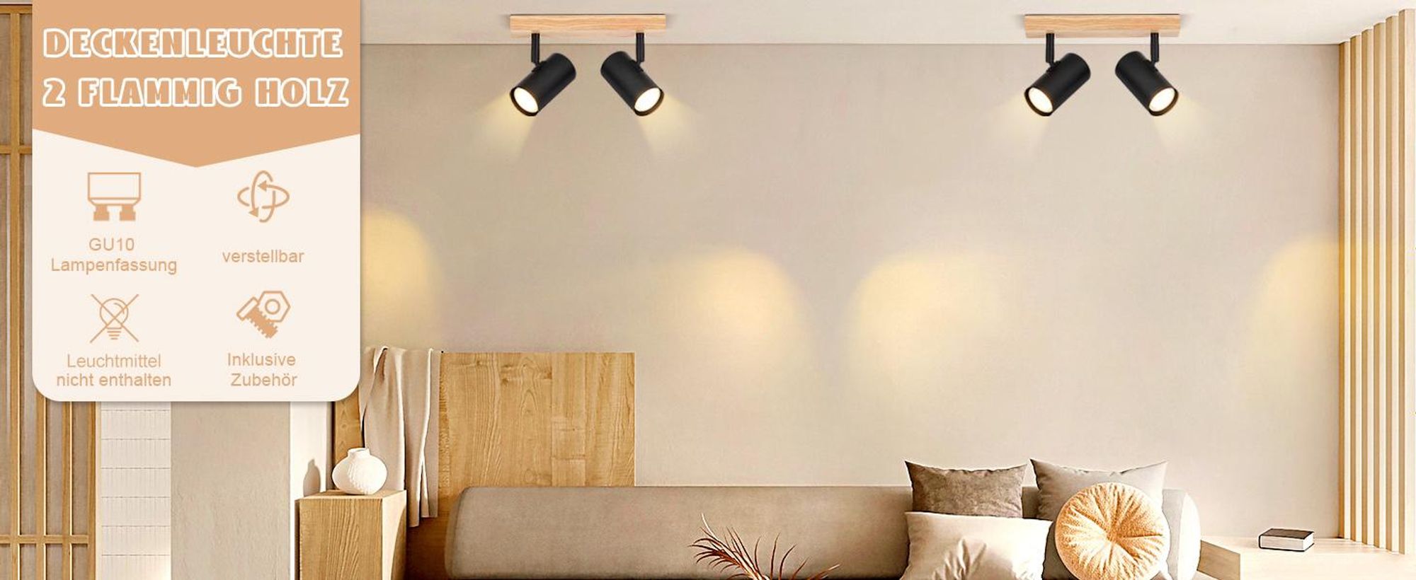 ZMH Deckenleuchte Schwarz Deckenstrahler 2 Flammig Holz Deckenlampe GU10 Deckenspots Schwenkbar 350° Spotslight für Wohnzimmer Schlafzimmer Küchen Korridor Esszimmer