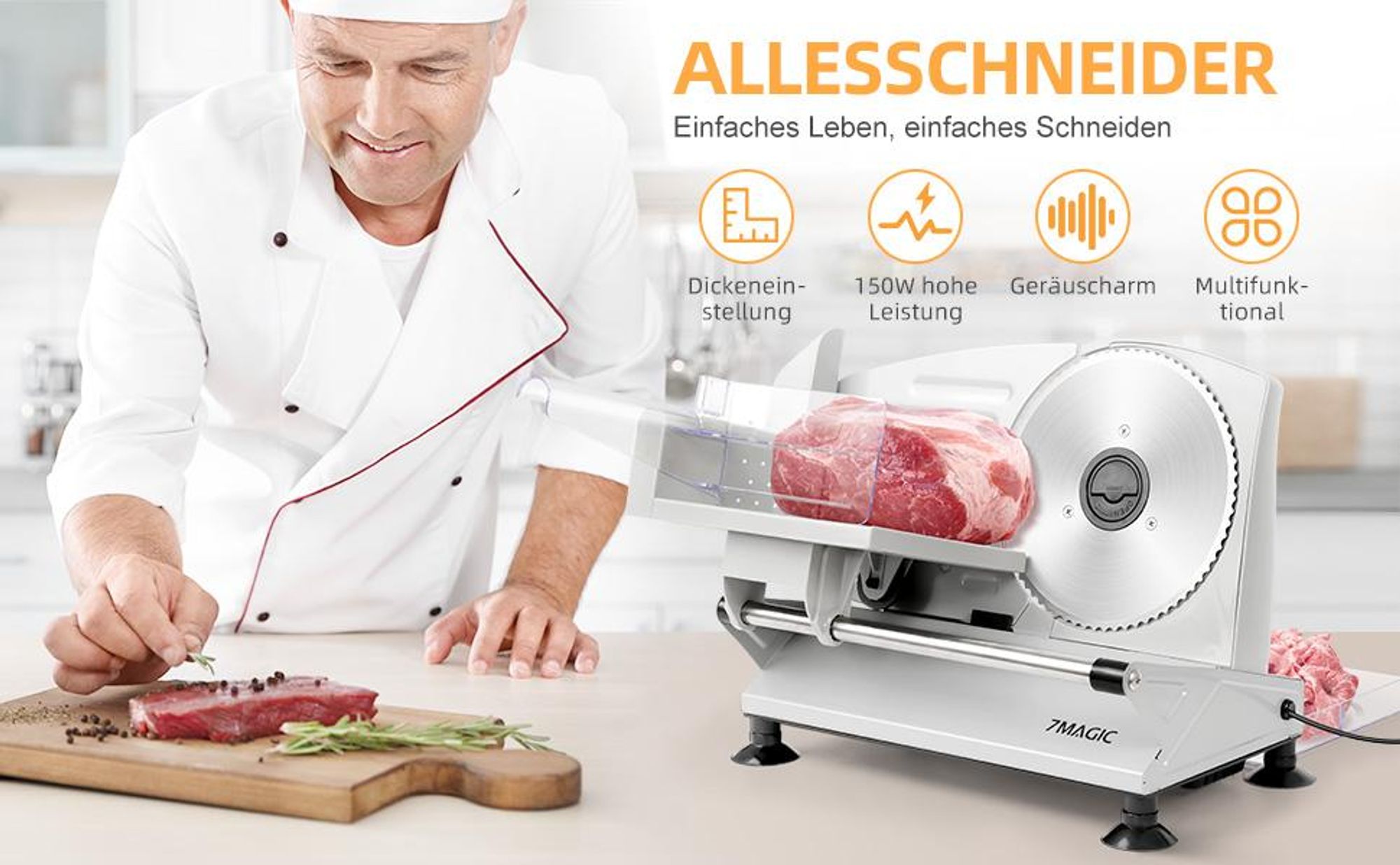7MAGIC Allesschneider Elektrisch, 2 Klingen, Sicherheitsverriegelung, 15mm Einstellbare Schnittstärke Heimgebrauch Aufschnittmaschine für Fleisch Käse Gemüse, 150W, Silber