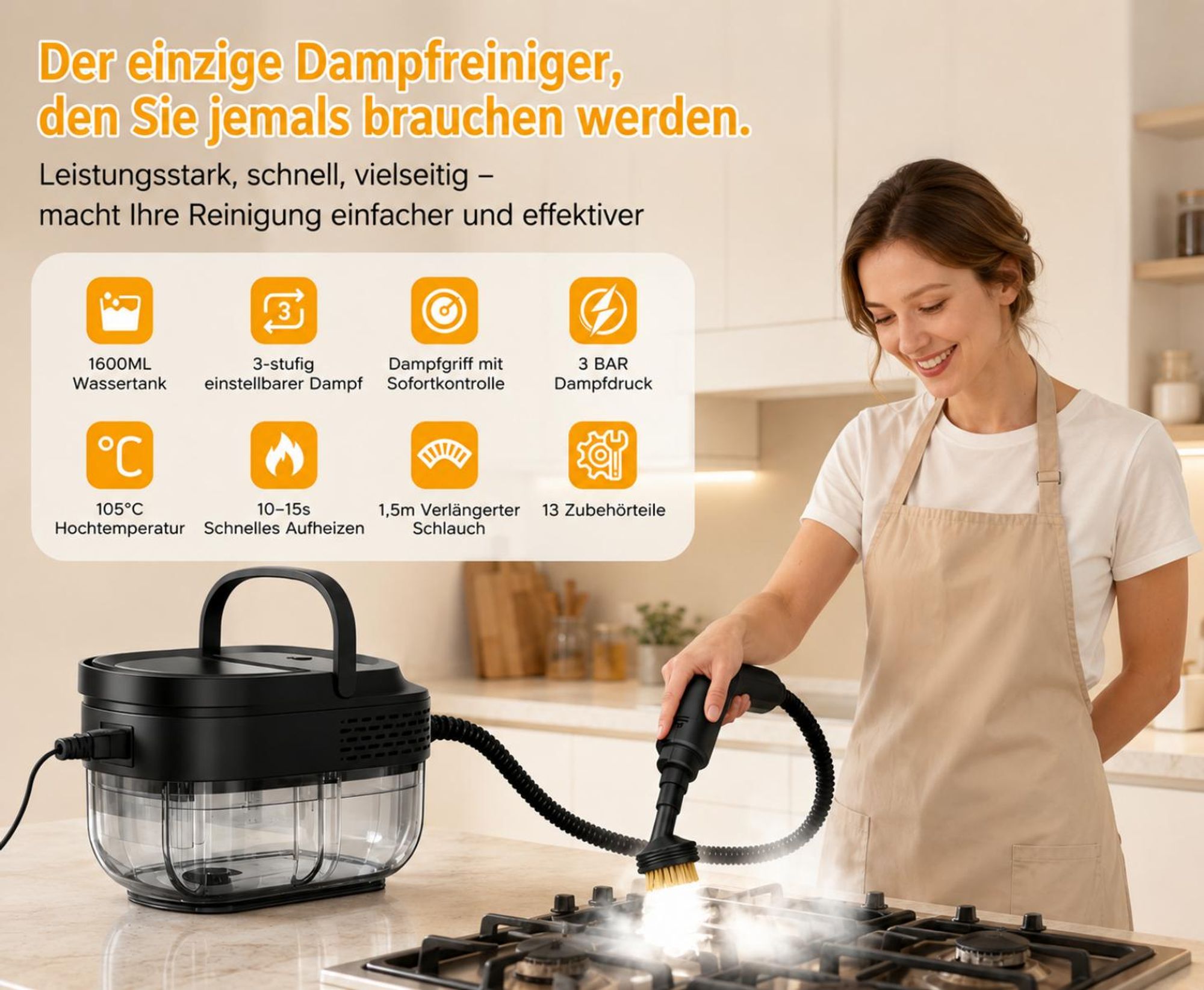 2500W Dampfreiniger, 1600ML großer Tank, 3 einstellbare Dampf-menge, 3 Bar tragbarer Handdampfreiniger, 13 Zubehör-Dampfgarer für Zuhause Küche Aut