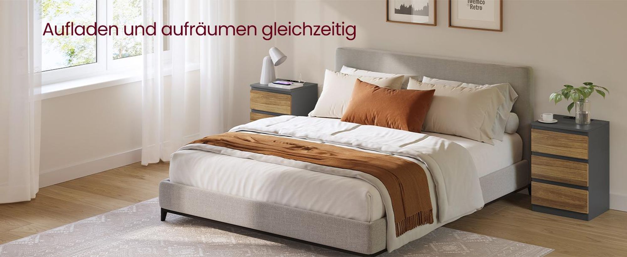 VASAGLE Nachttisch, 2er Set, Beistelltisch, 3 Schubladen, abgeschrägte Kante, 2 AC-Steckdosen, 2 USB-Anschlüsse