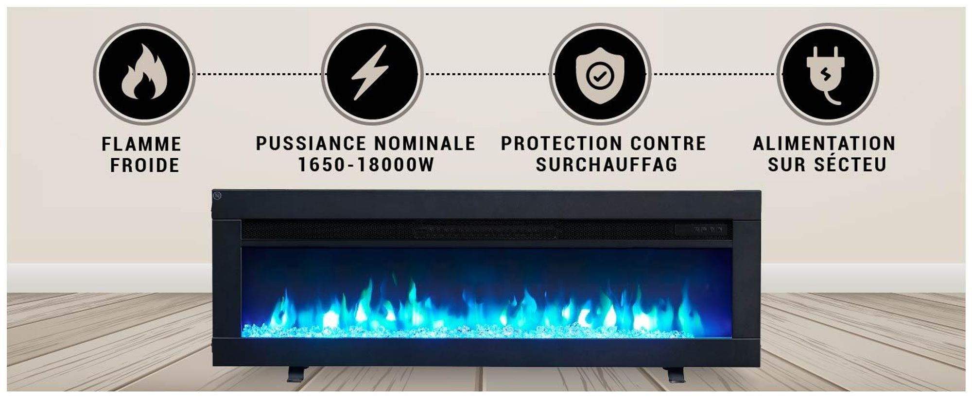 Cheminée électrique encastrable BALDERIA Agnes 40 – Puissance de chauffage jusqu'à 1 800 W, noire