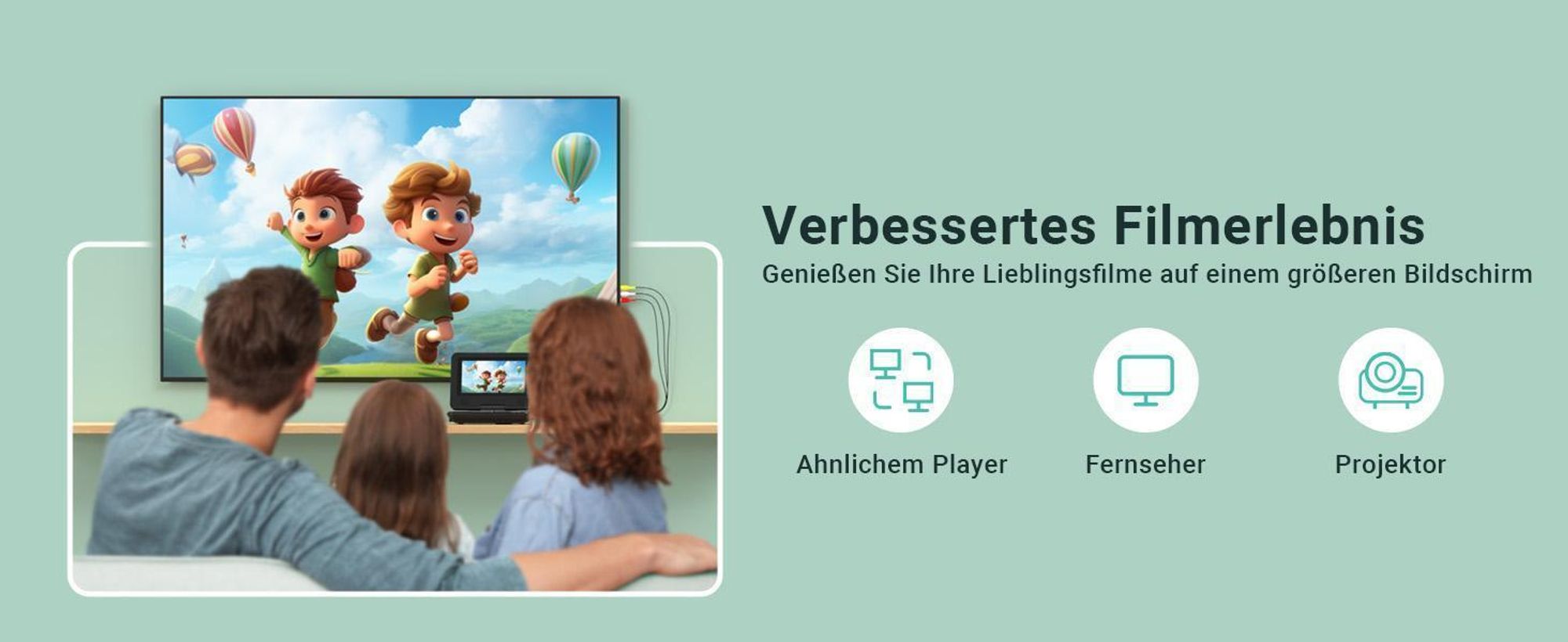 9.5" Tragbarer DVD-Player mit 7.5" HD-Schwenkdisplay, 4h Akkulaufzeit Unterstützt Mehrere Formate/SD/USB, TV/Beamer-Anschluss