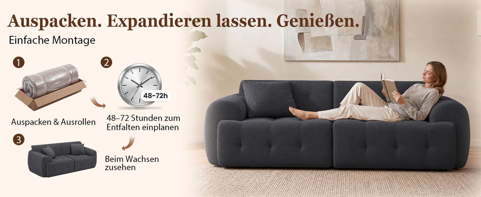 COMHOMA Sofa 2 Sitzer, 180 x 86 x 40 cm Bodensofa, Couch mit Rückenlehne, Kissen und Armlehne, Modernes Stoffsofa für Wohnzimmer, Wohnung, GRAU