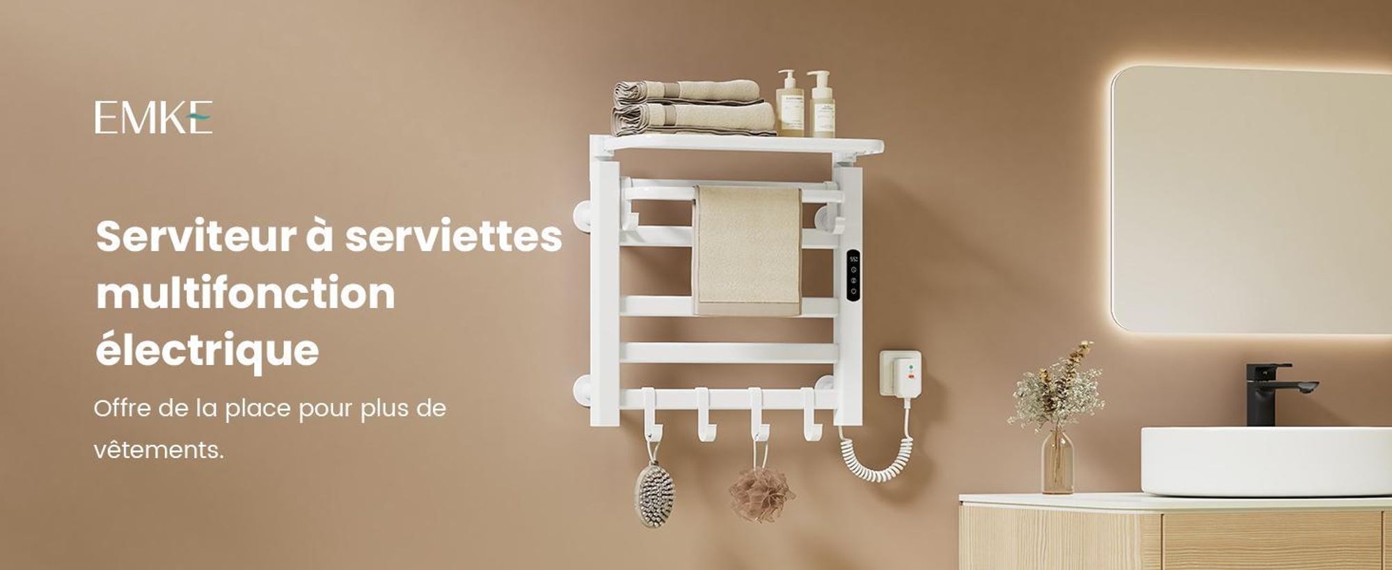 EMKE Sèche-serviettes électrique 500x500 mm, 140W, double rangée, tubes plats, étagère et crochets, WiFi Tuya Alexa, blanc brillant