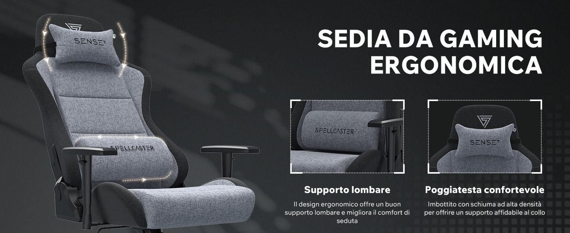 Sedia da gaming SENSE7 Spellcaster FUKU XL in tessuto grigio e nero - Sedia da ufficio ergonomica, adatta a pesi fino a 160 kg, con funzione di oscillazione e rotelle per pavimenti duri