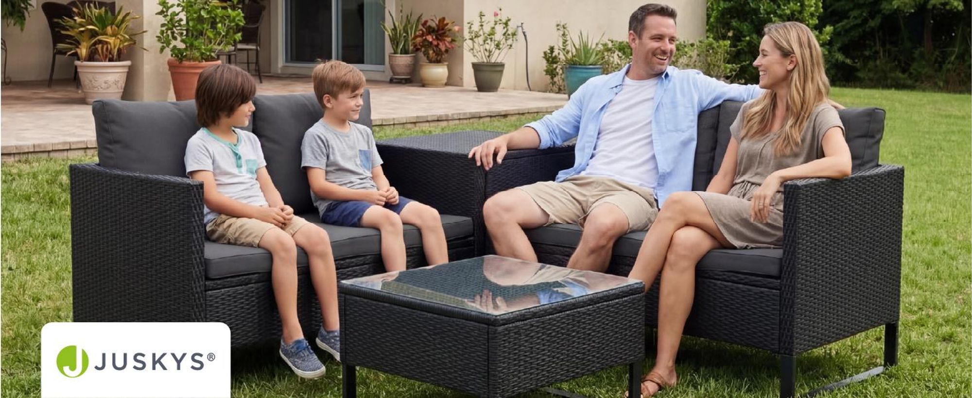 Juskys Polyrattan Lounge Santorini - Sitzecke mit Beistelltisch & Auflagenbox - Schwarz