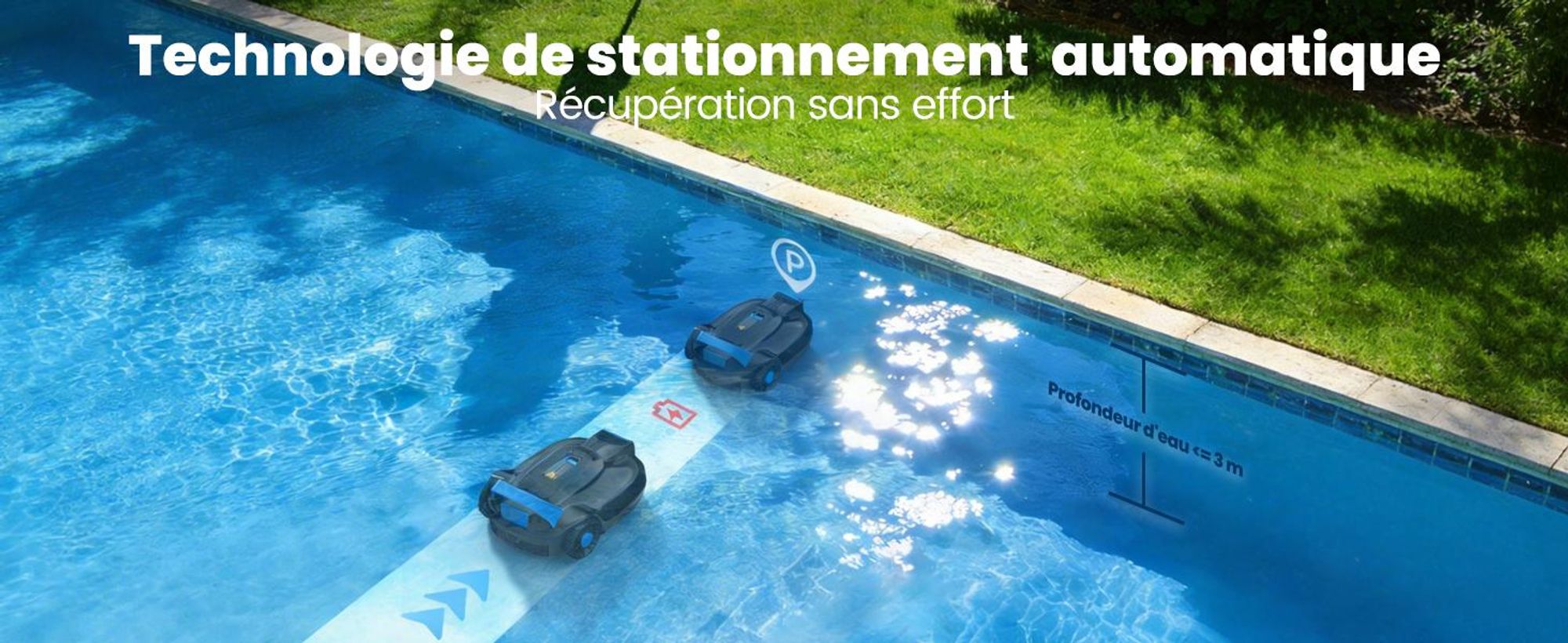 Robot de piscine AIRROBO CP02, débit de 3 000 L/h, autonomie de 120 minutes, fonction de retour automatique à la station d'accueil
