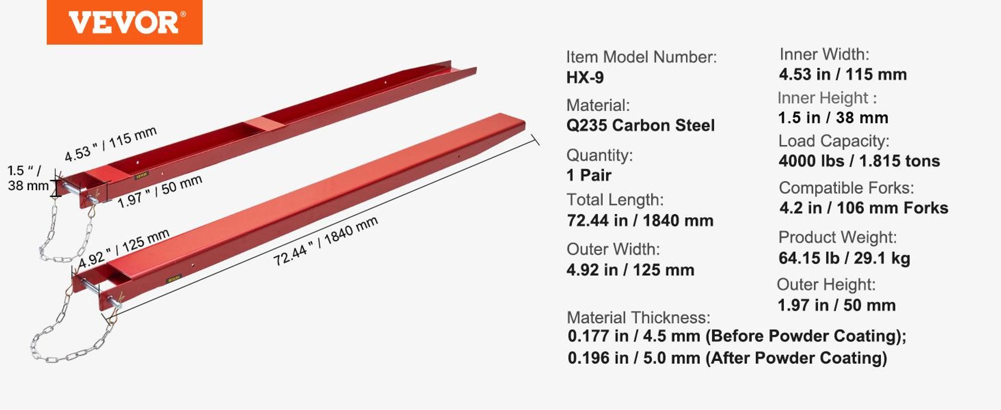VEVOR Gabelstapler Gabelverlängerungen, 60" Länge 4,5" Breite, Schwerlast-Kohlenstoffstahl Gabelverlängerungen für Gabelstapler, 1 Paar Gabelstaplerverlängerungen, Industrielle Gabelstapler Gabelaufsätze für Gabelstapler, Gelb, 72 Zoll