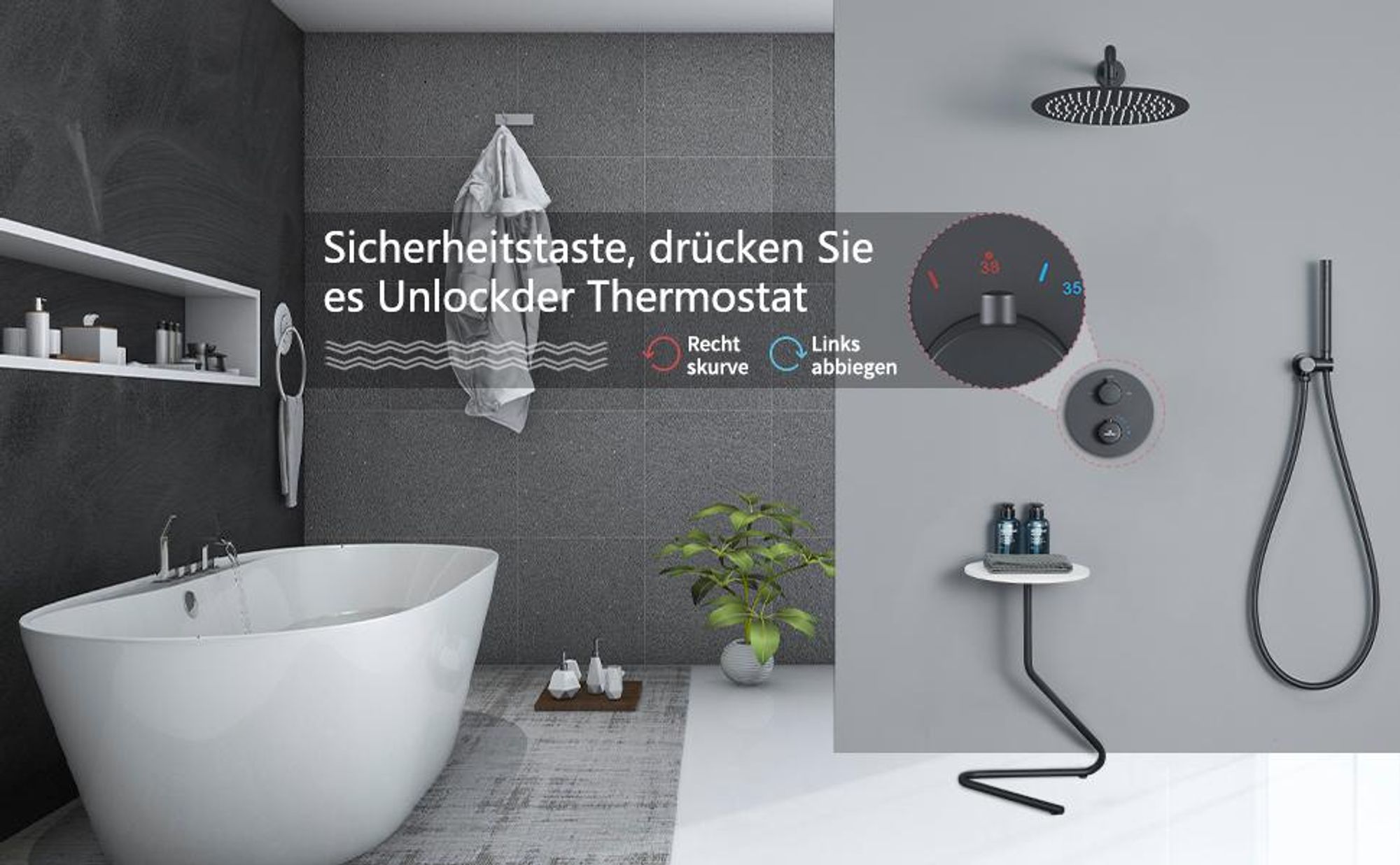 Homelody Schwarz Duschsystem mit Thermostat, Duscharmatur Regendusche Unterputz 12 Zoll Kopfbrause Anti-Verbrühungs-Duschsystem, Messingkörper