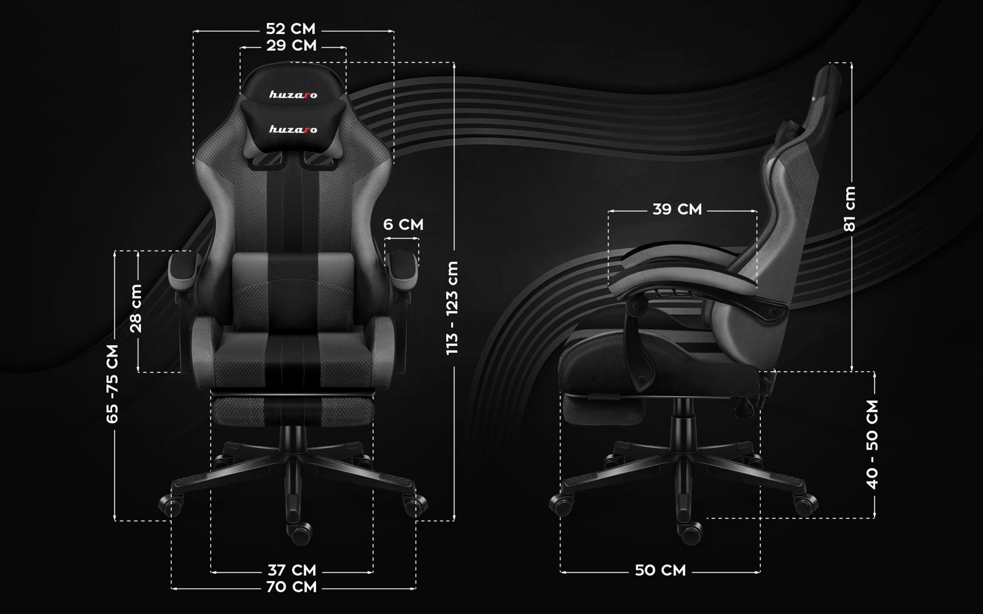 Huzaro Force 4.7 | Gaming Stuhl Bürostuhl Computerstuhl PC Chair | 90-140° Neigungswinkel Kopfstütze Lendenkissen Fußstütze Stoff | Grau