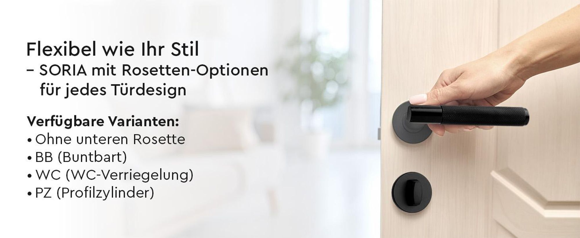 QRS - SORIA Türgriff für Zimmertüren, Türklinken Griff Set, mit Rosette BB, Schwarz - Türbeschlag, Türdrückergarnitur für Innentür