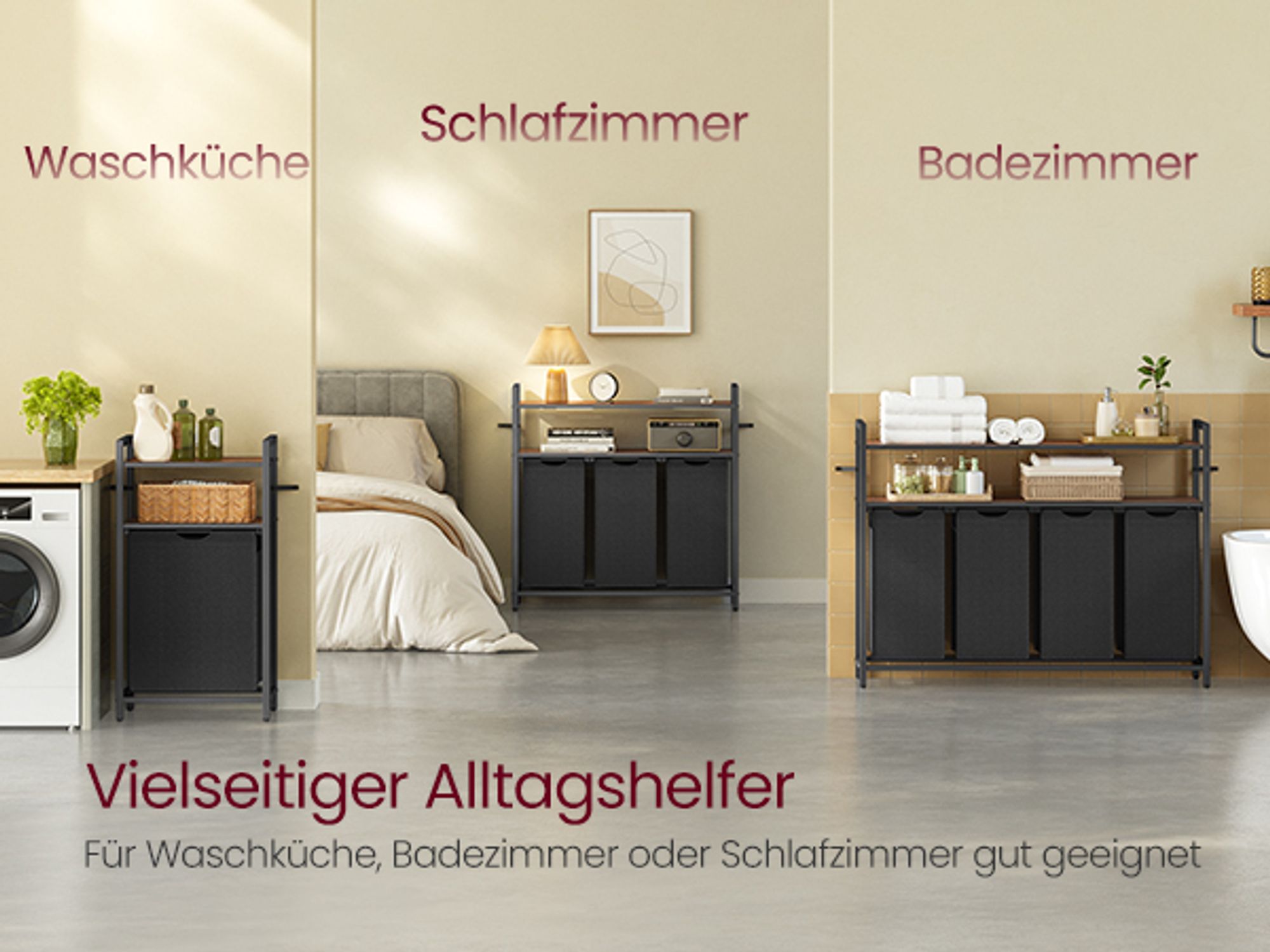 VASAGLE Wäschekorb, 2Ablagen, ausziehbar und abnehmbar, 65 Liter, für Badezimmer