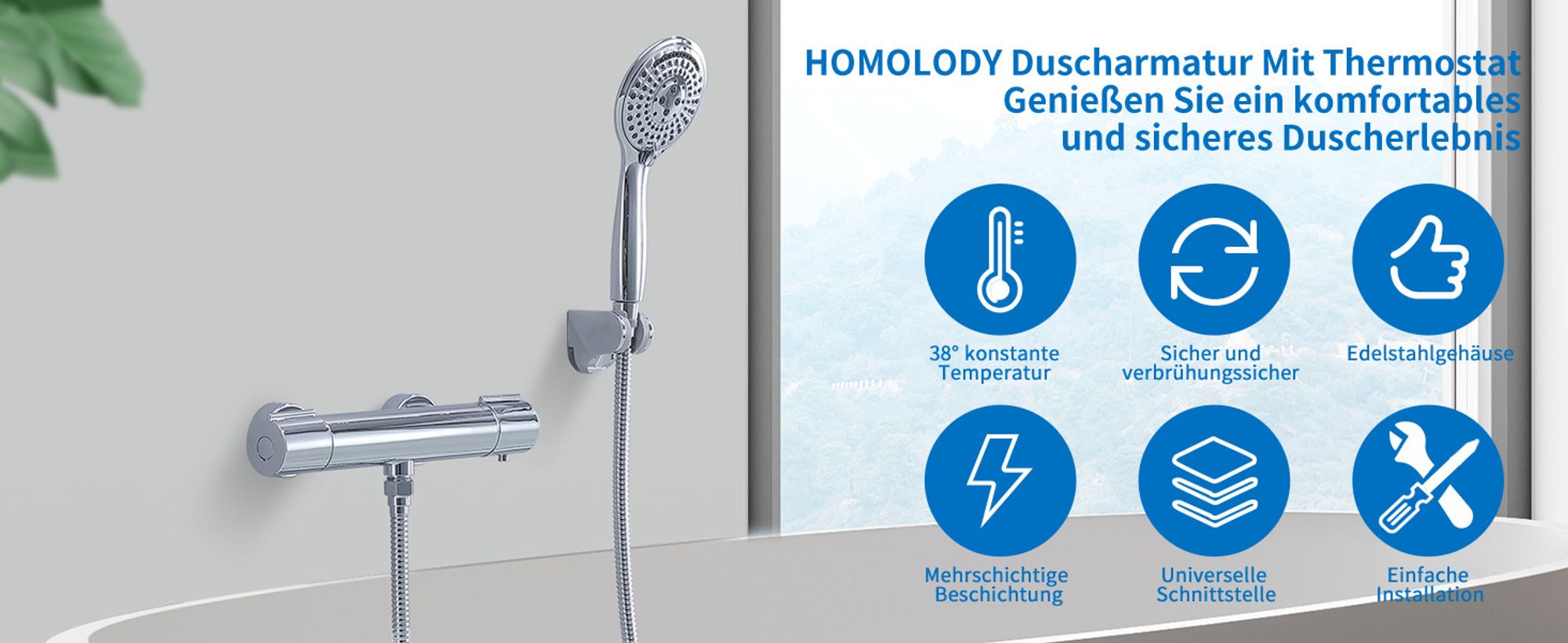 Duscharmatur mit Thermostat Chrom Mischbatterie Dusche mit 38°C Sicherheitstaste Duschthermostat Armatur Edelstahl Duscharmaturen Brausethermostat
