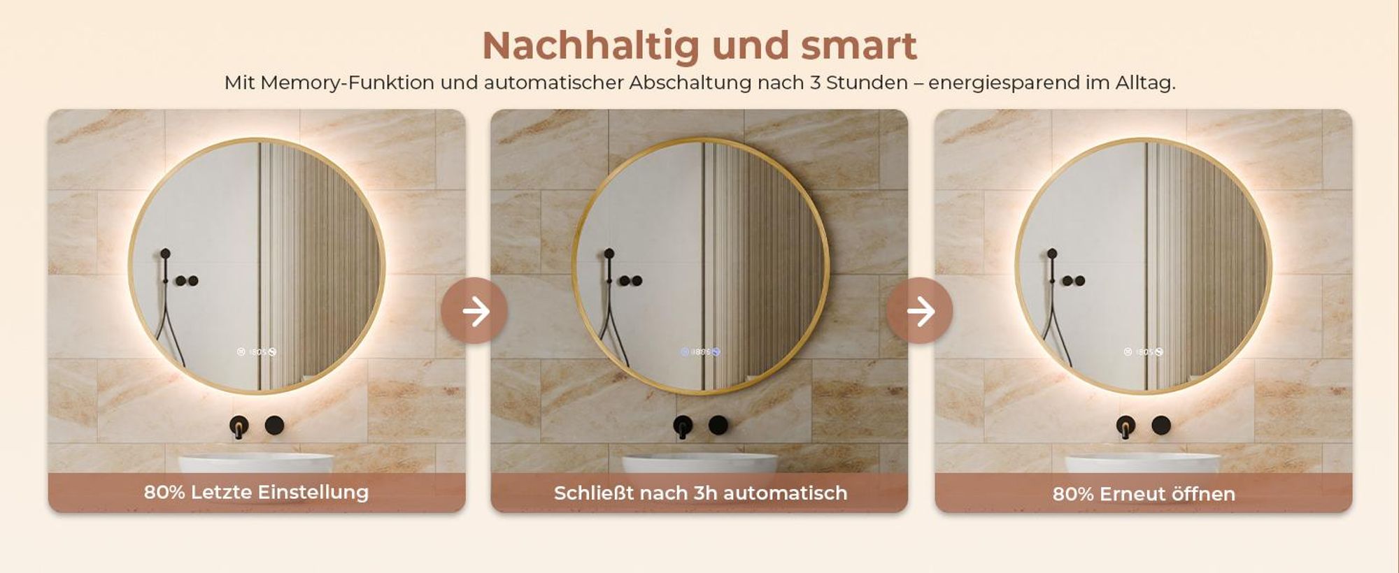 S'AFIELINA Badspiegel mit Beleuchtung Rund 60 cm Diameter, LED Badspiegel mit Touch, Beschlagfrei, Dimmbar, Uhr, Temperatur, Speicherfunktion,Gold