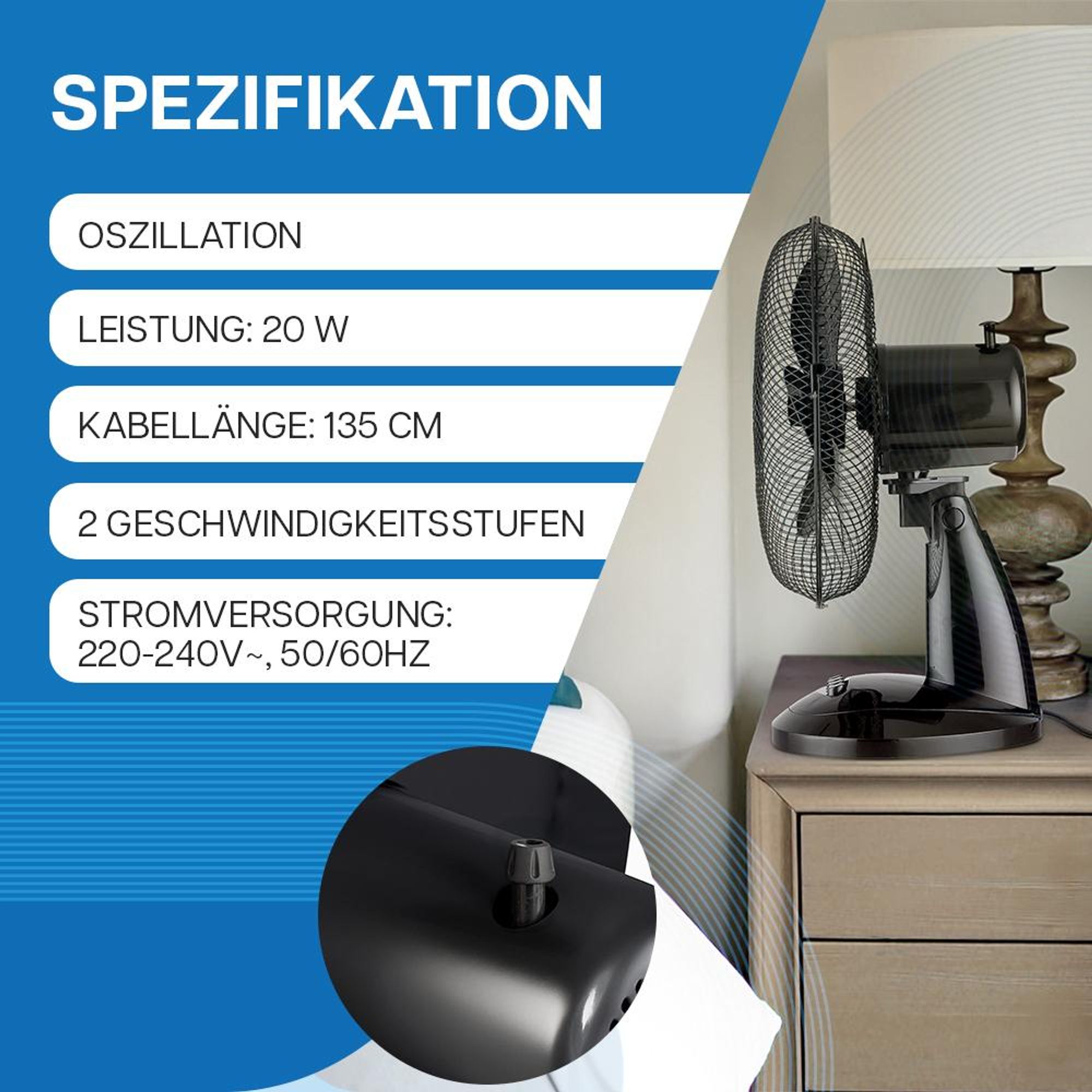 U-SMILER Tischventilator Leise & Kraftvoll Ø 28 cm, 20W, 2 Stufen, Oszillierend, Höhenverstellbar, Kompakter Ventilator für Büro & Schlafzimmer, Strom