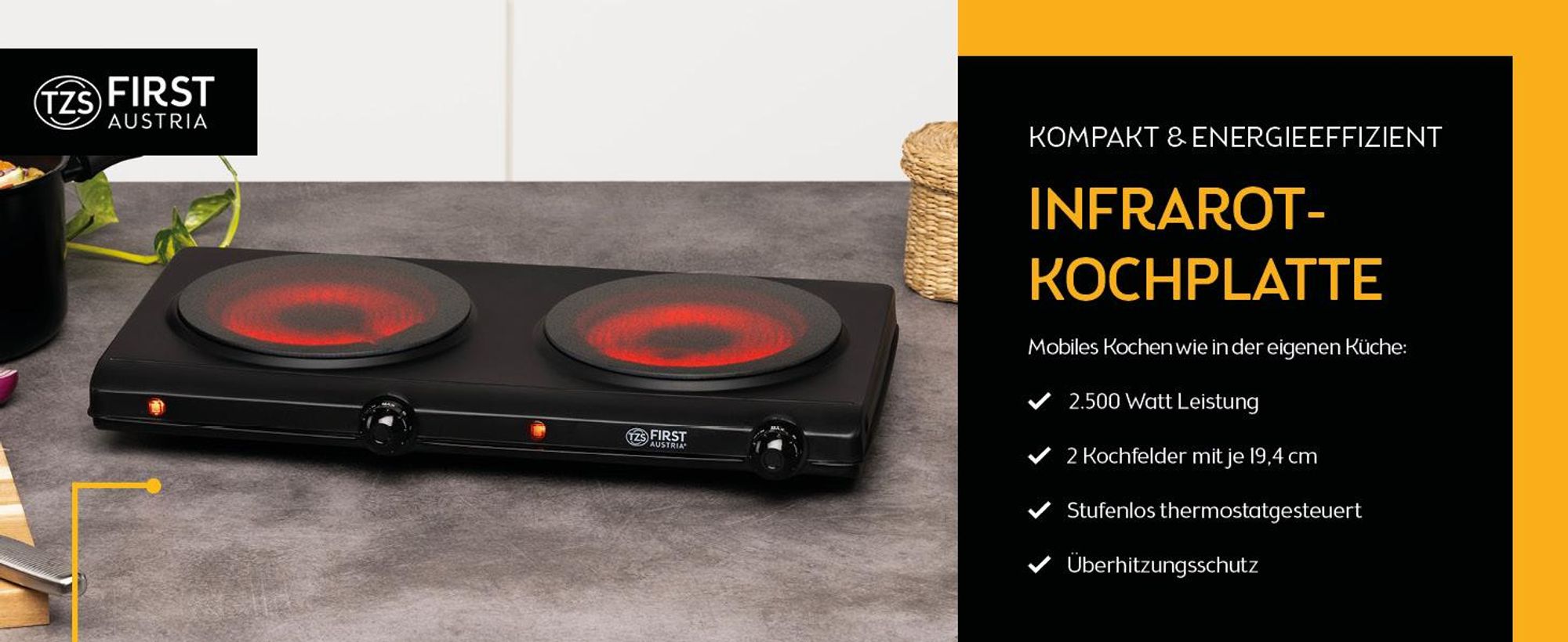 TZS First Austria - Kochplatte Infrarot 2er Glaskeramik-Herdplatte ALLE Topfarten 2500W - Doppelkochplatte Kochfeld elektrisch für Umzug, Camping & Wohnung - Stufenlose Einstellung & Kontrollleuchte