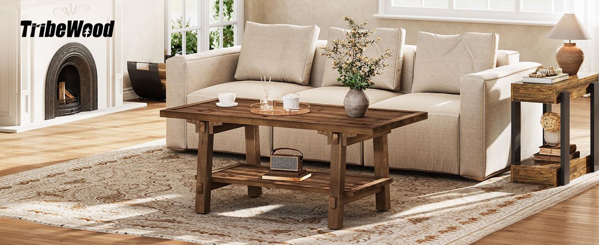 Massivholz-Couchtisch, 120 cm rechteckiger Sofatisch mit 2 Ebenen, zweistöckiger rechteckiger Beistelltisch mit Stauraum, rustikaler