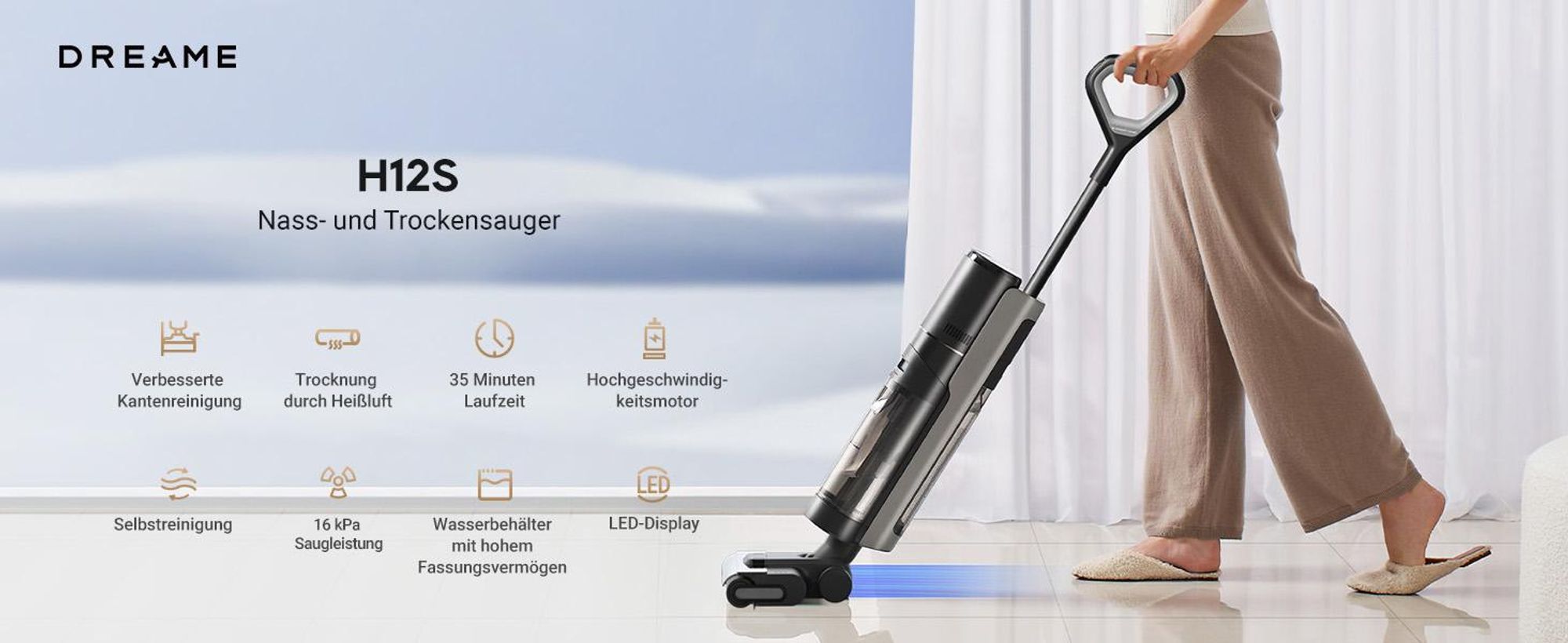 Dreame H12S Staubsauger Nass- und Trockenstaubsauger,kabelloser Handstaubsauger,16.000Pa Saugkraft,55 °C heiße Luft,6mm Kantenreinigung,3 Modi ändern