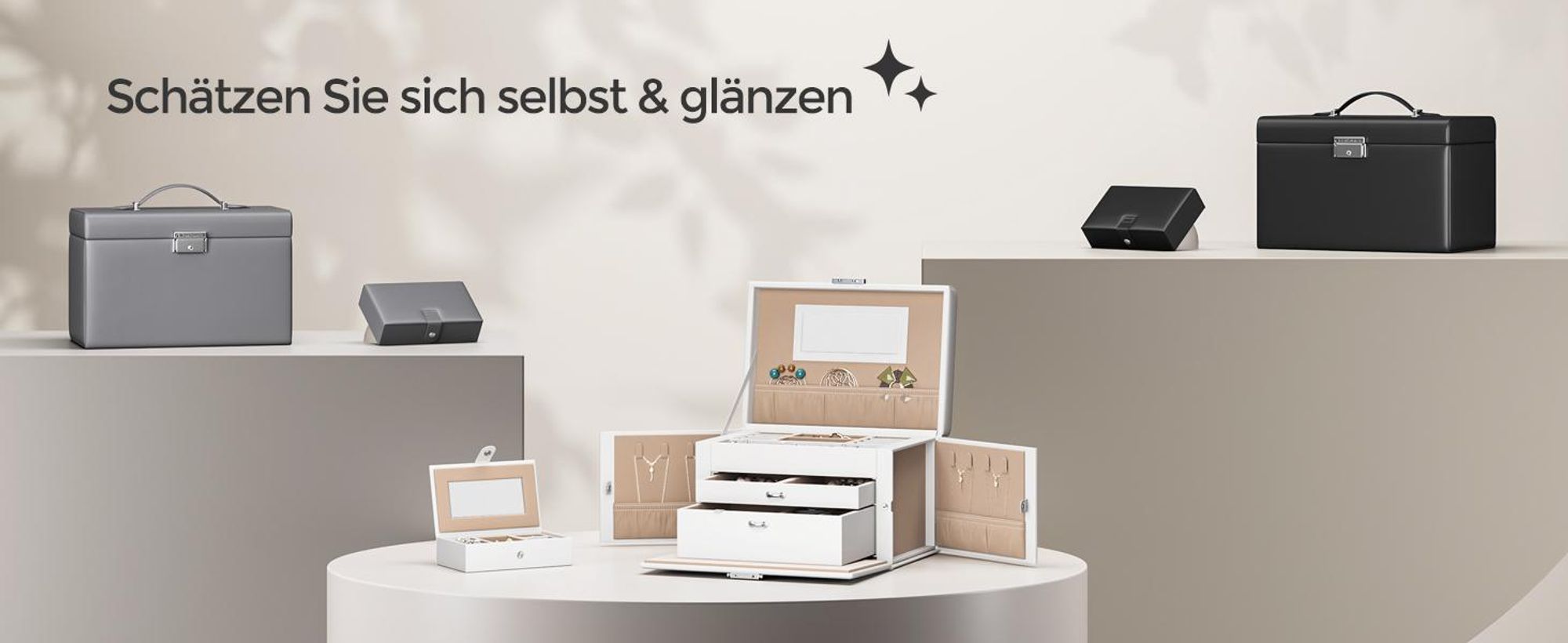 SONGMICS Schmuckkästchen 3 Ebenen, Schmuckschatulle mit 2 Schubladen, abschließbar