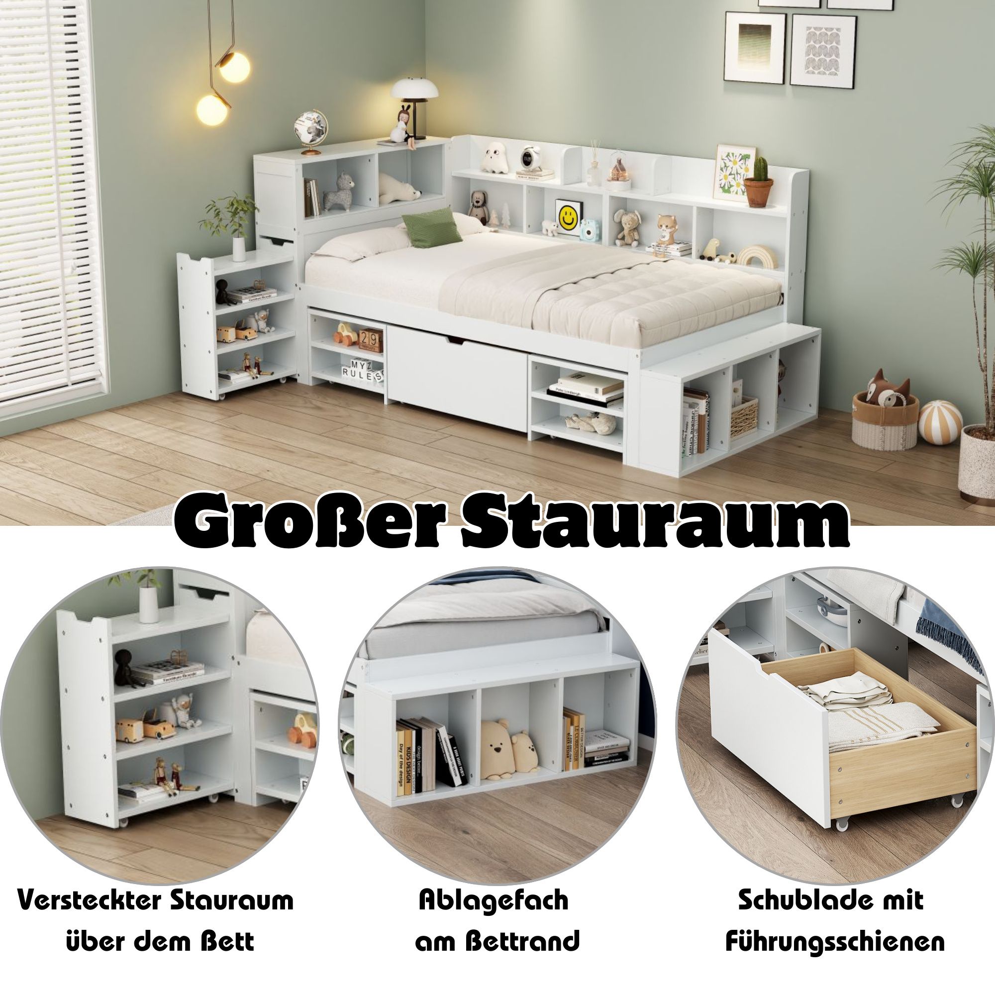 Flieks Holzbett Klassisches Bett Stauraumbett 90x200cm mit Ausziehbarem Schrank, Einzelbett Jugendbett mit Staufach, Kinderbett mit Lattenrost, Weiß