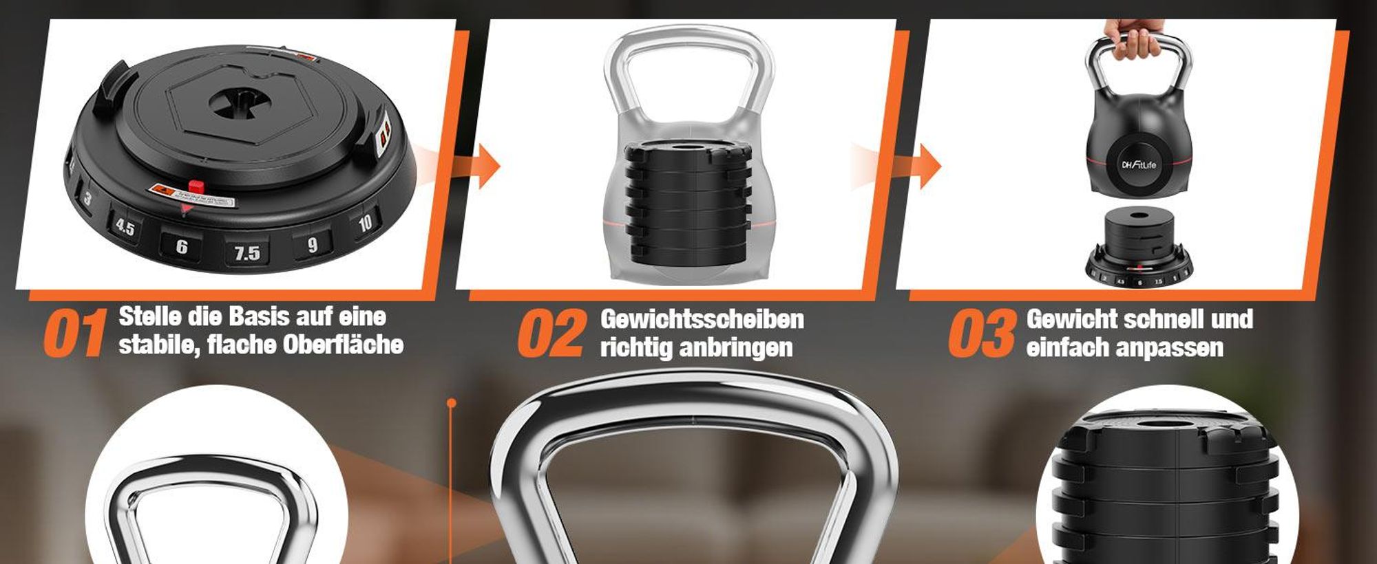 DH FitLife 7-in-1 Verstellbare Kettlebell Set 1,5-10kg | Kompakt & Platzsparend | Ideal für Fitness Zuhause, Fatburn & Ganzkörpertraining