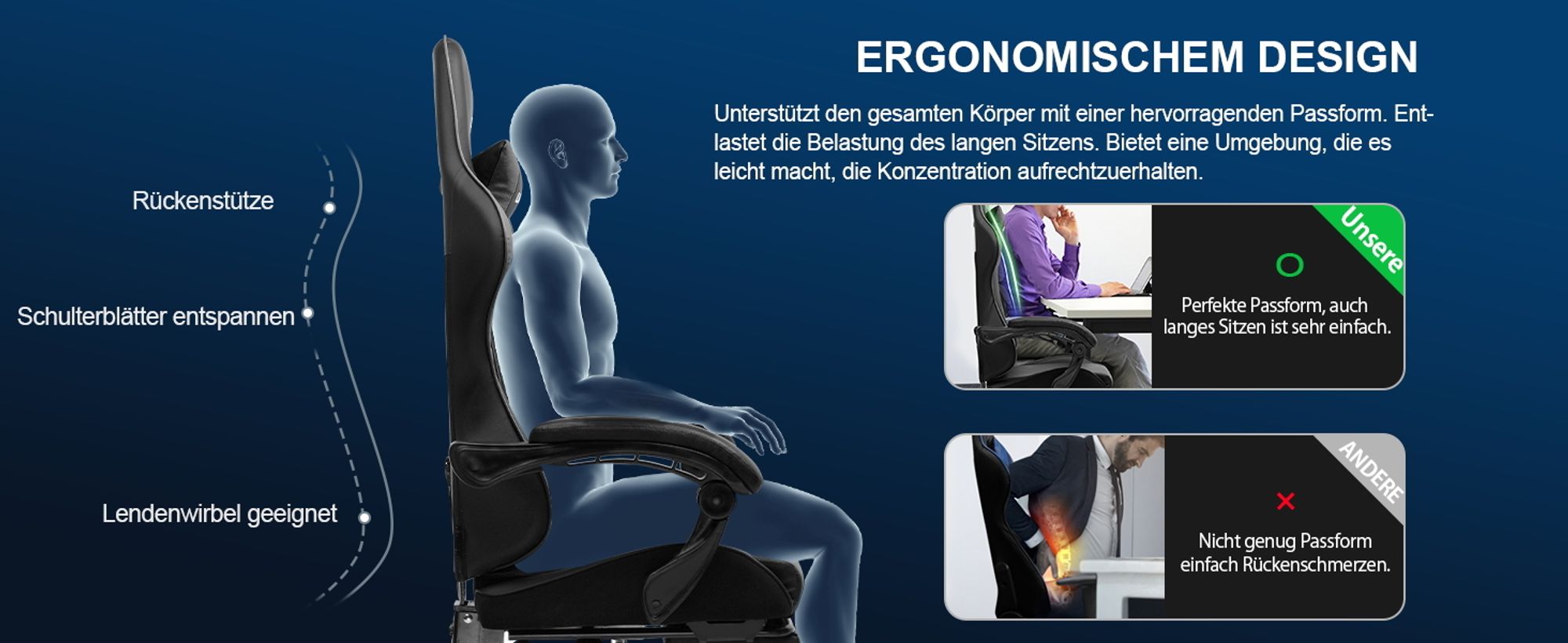LUCKRACER Gaming-Stuhl Gaming Chair Bürostuhl Ergonomisch mit Lendenkissen Kopfkissen, Höhenverstellbarer Gamer Stuhl 150kg Belastbar, Fußstütze schwarz